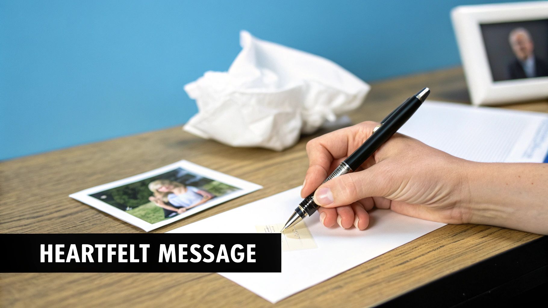 A person's hand writes a heartfelt message on an envelope, surrounded by photos and crumpled tissues.