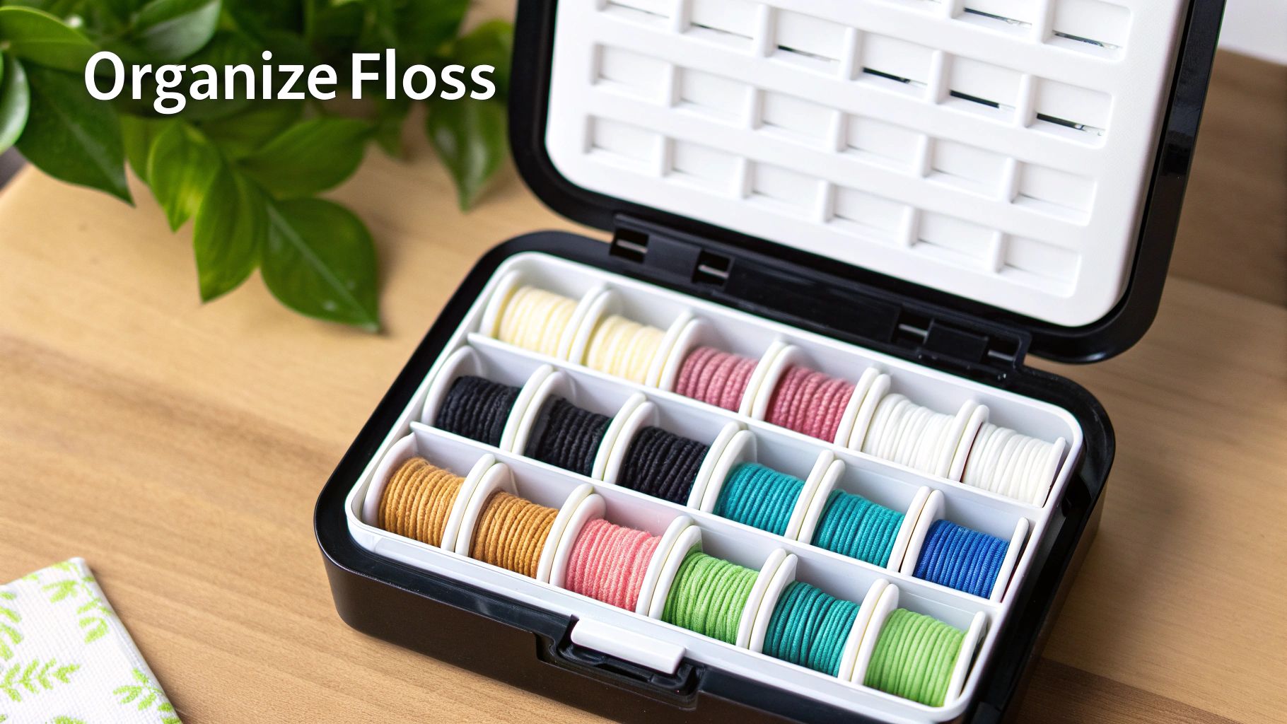 A well-organized collection of embroidery floss in a plastic container.