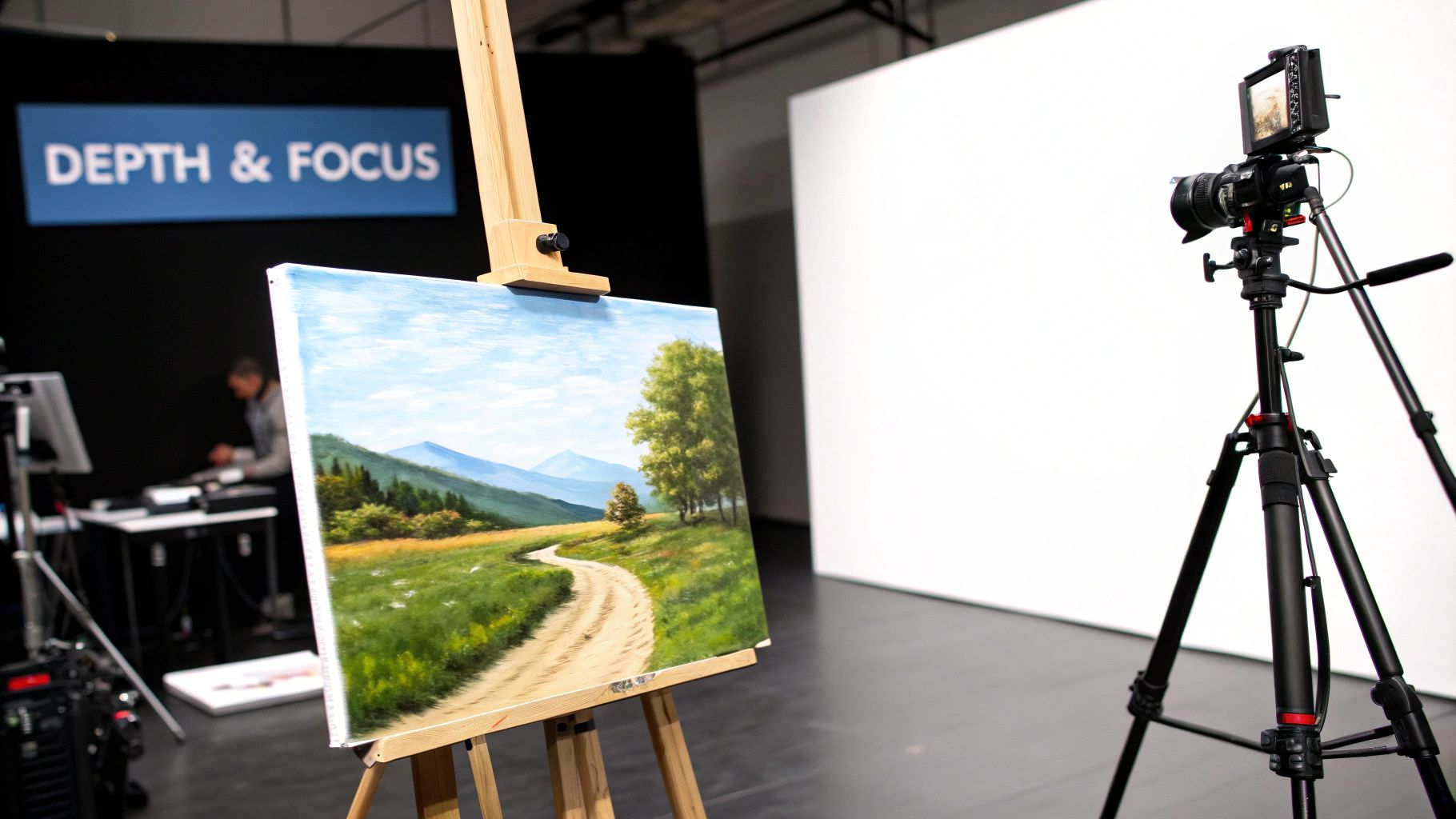 A camera records a vibrant landscape painting on an easel in a studio with a 'DEPTH & FOCUS' banner.