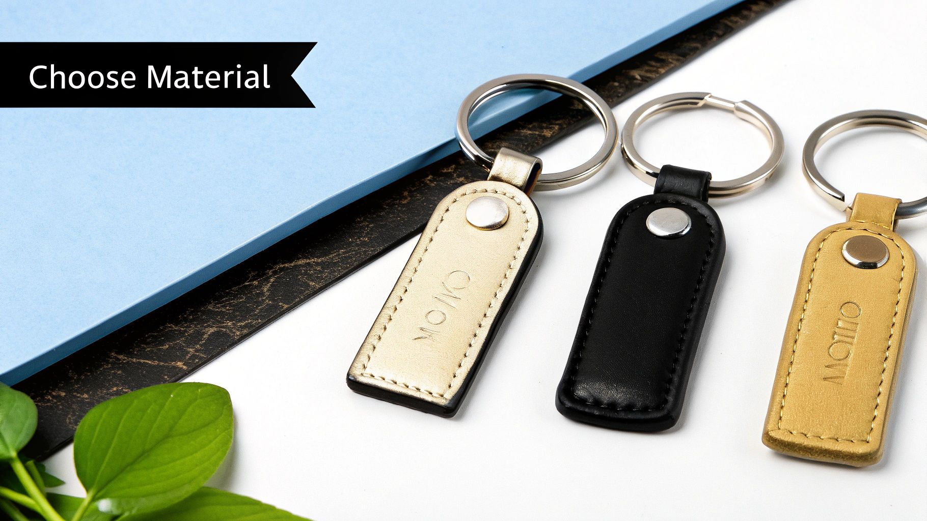 Three custom leather keychains in gold, black, and tan colors, showcasing material options.