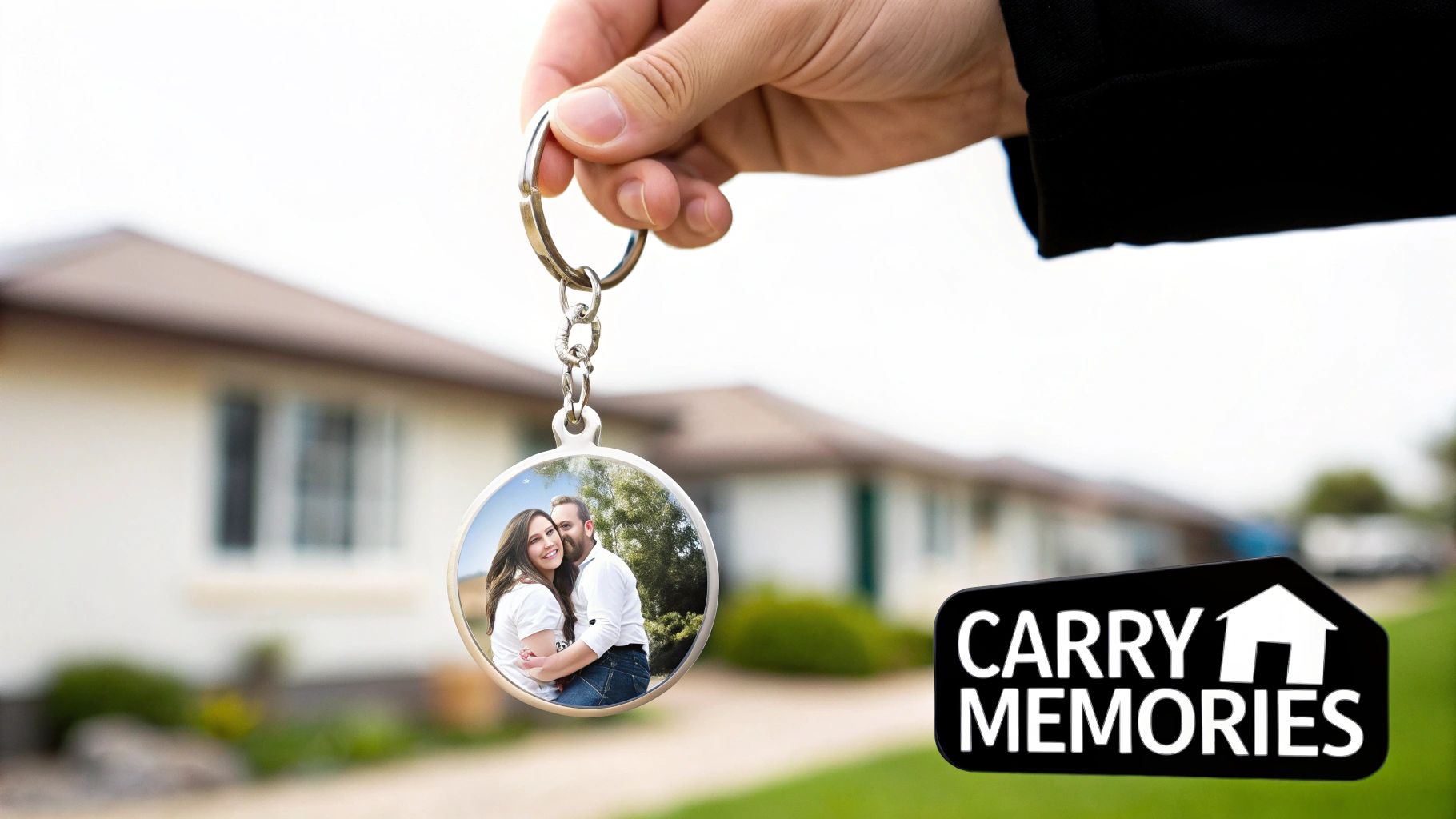 A person holding a personalized photo keychain up to the light.