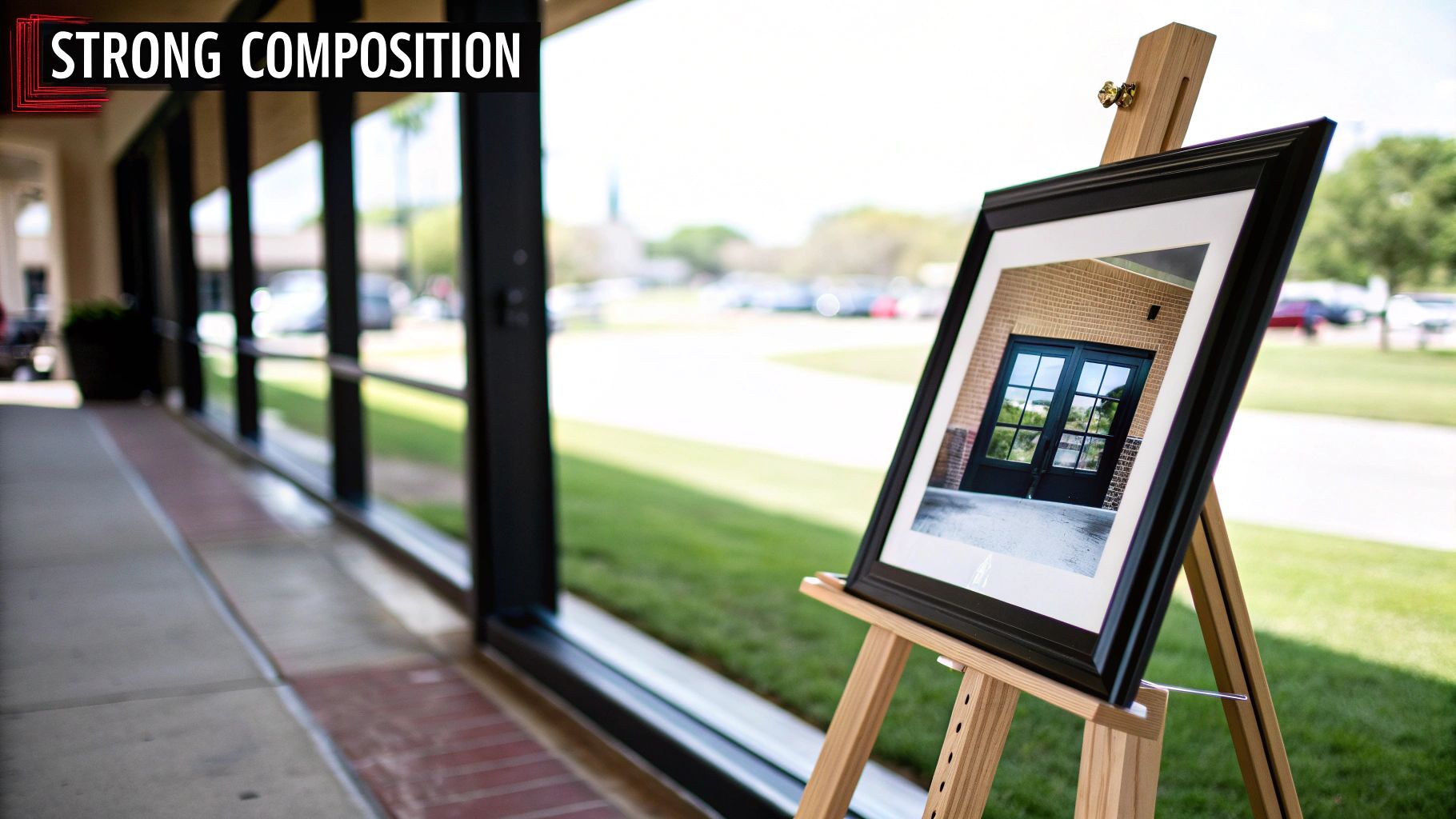 A framed photo on an easel displays black doors against a brick wall, illustrating strong composition.