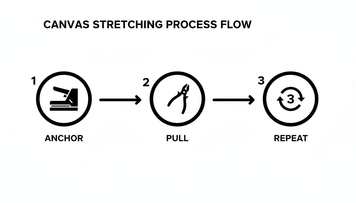 A three-step canvas stretching process flowchart with icons for anchoring, pulling, and repeating steps.