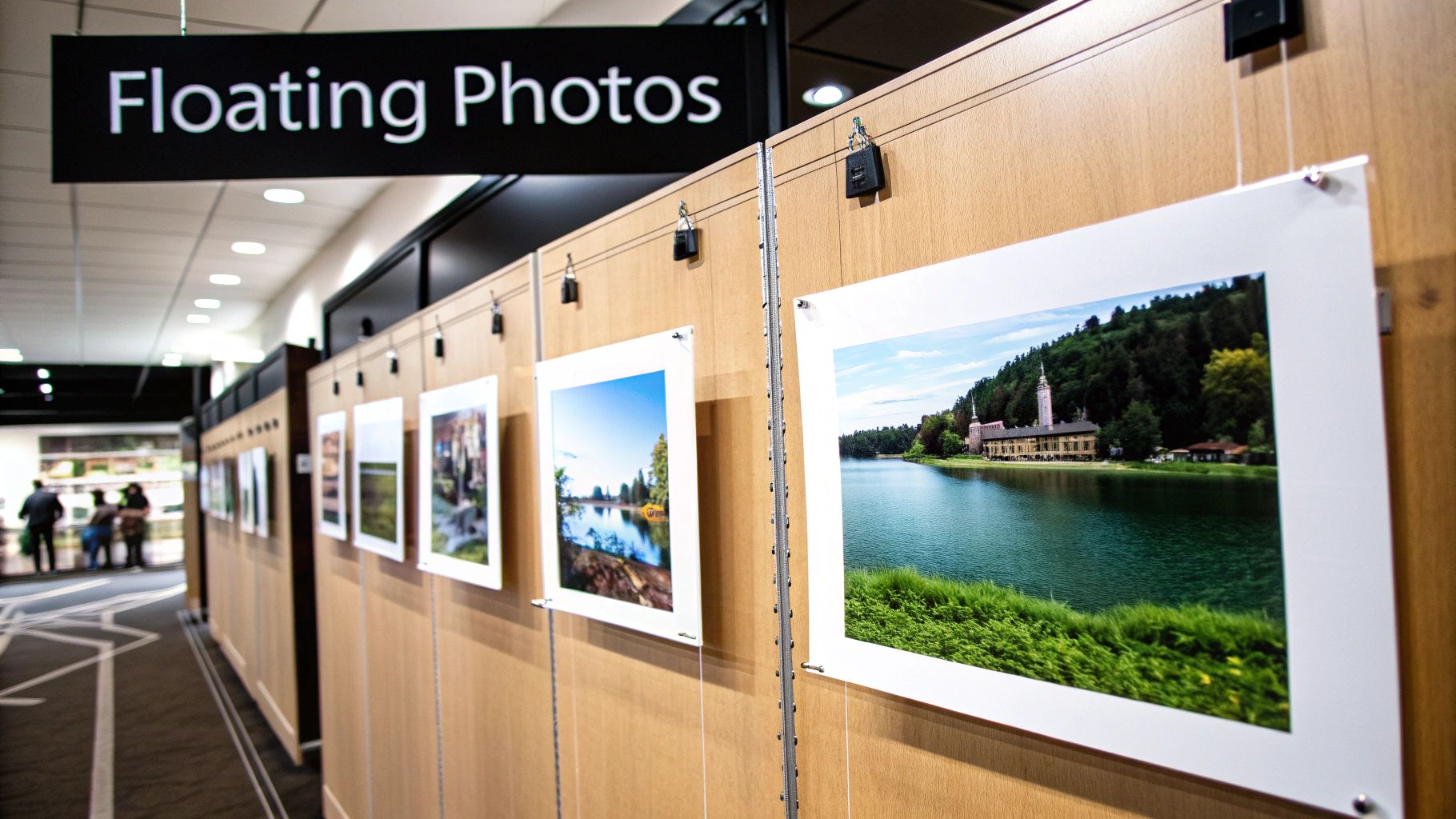 A collection of photos mounted on a wall without visible frames, creating a floating effect.