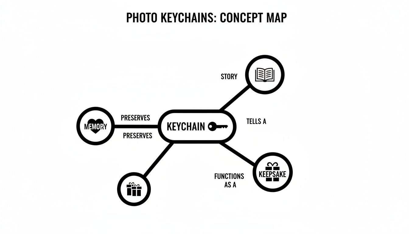 A concept map illustrating the various functions and sentimental values of photo keychains.