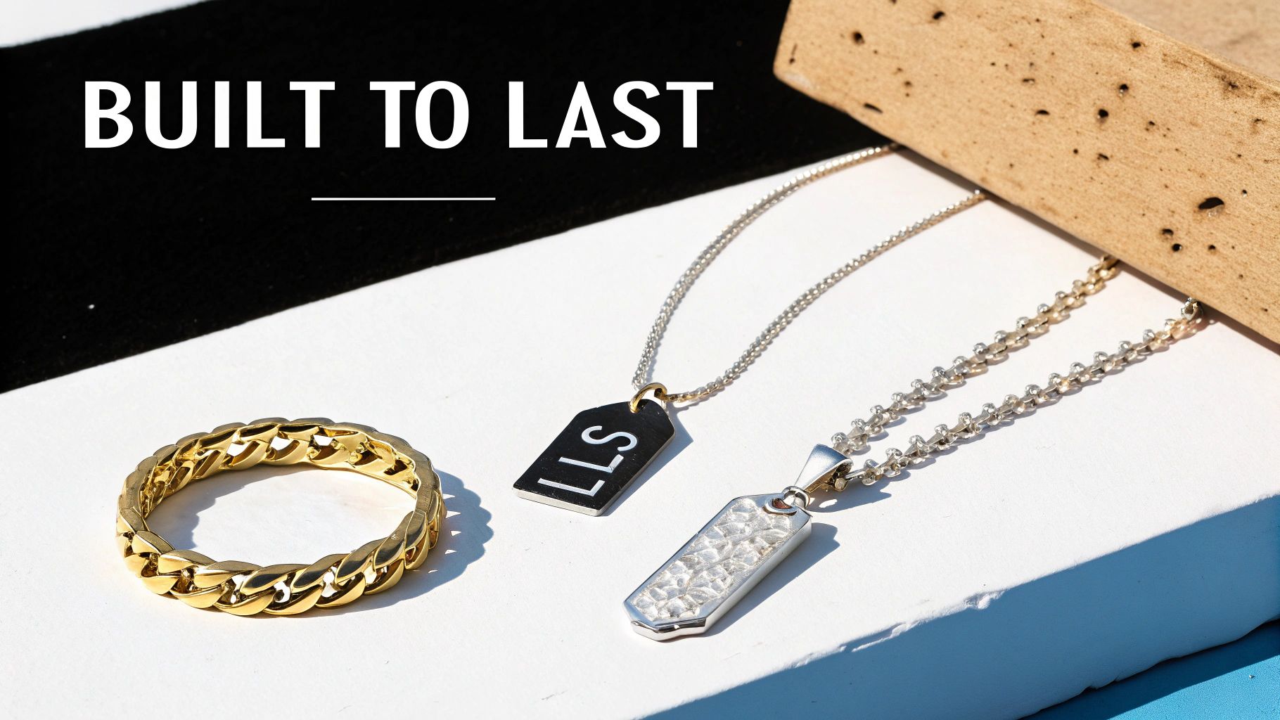 A collection of personalized jewelry pieces in gold, silver, and rose gold finishes.