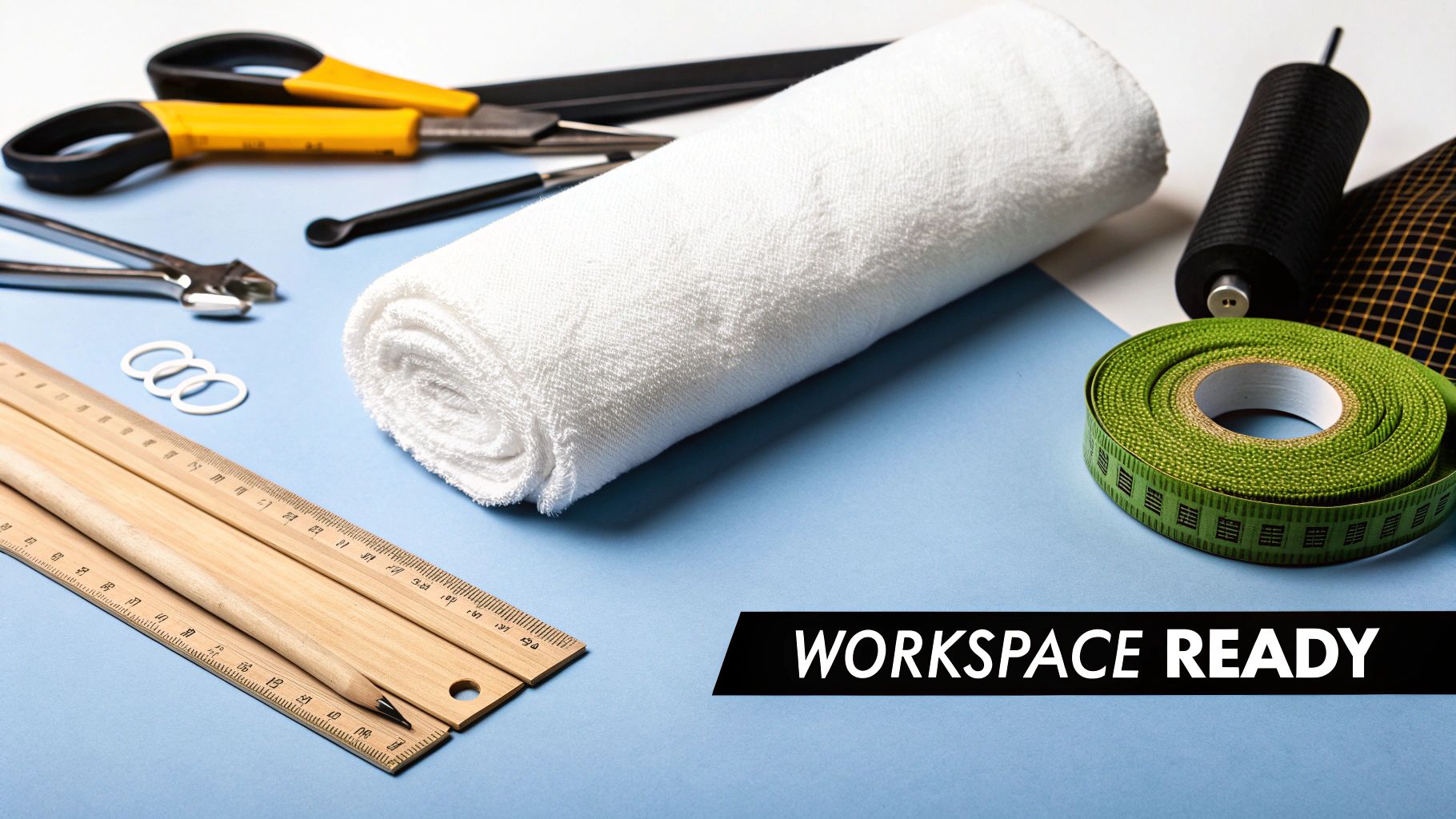 Various crafting supplies like rulers, scissors, fabric, and measuring tape arranged on a clean workspace.