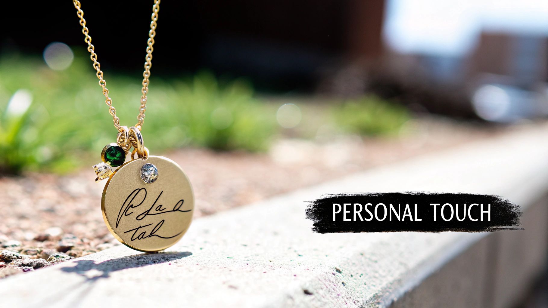 A close-up of a personalized necklace being held, showcasing intricate engraving and a delicate chain.