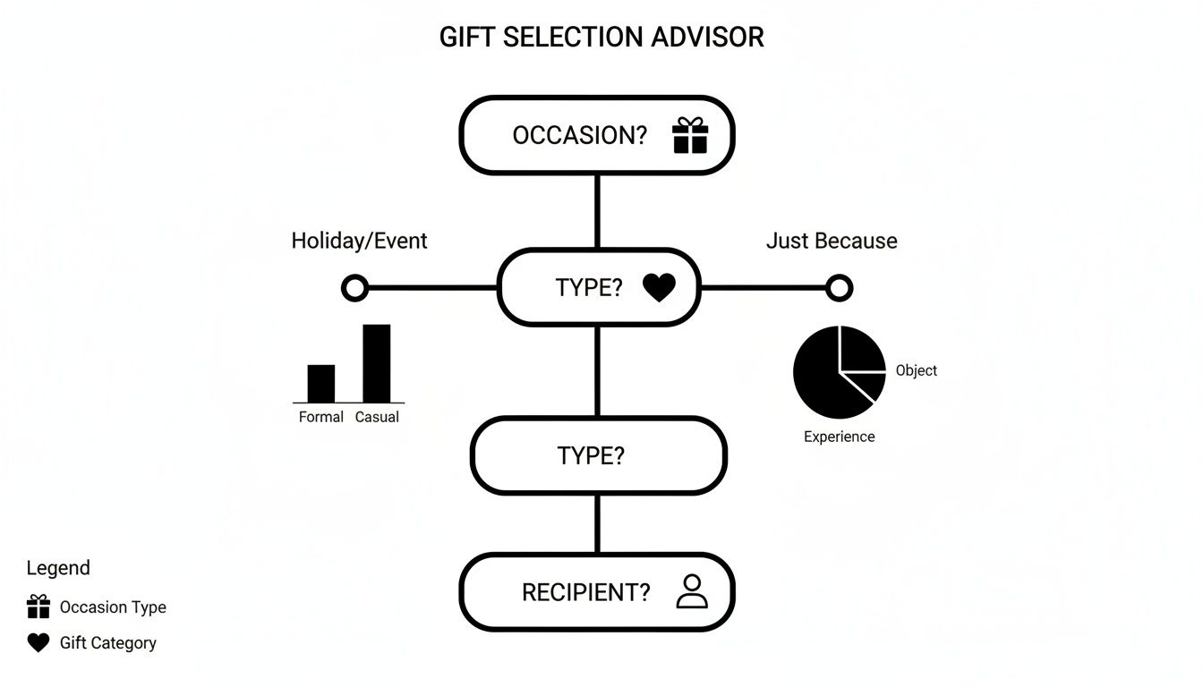 A flowchart diagram for a gift selection advisor, guiding choices based on occasion and type.