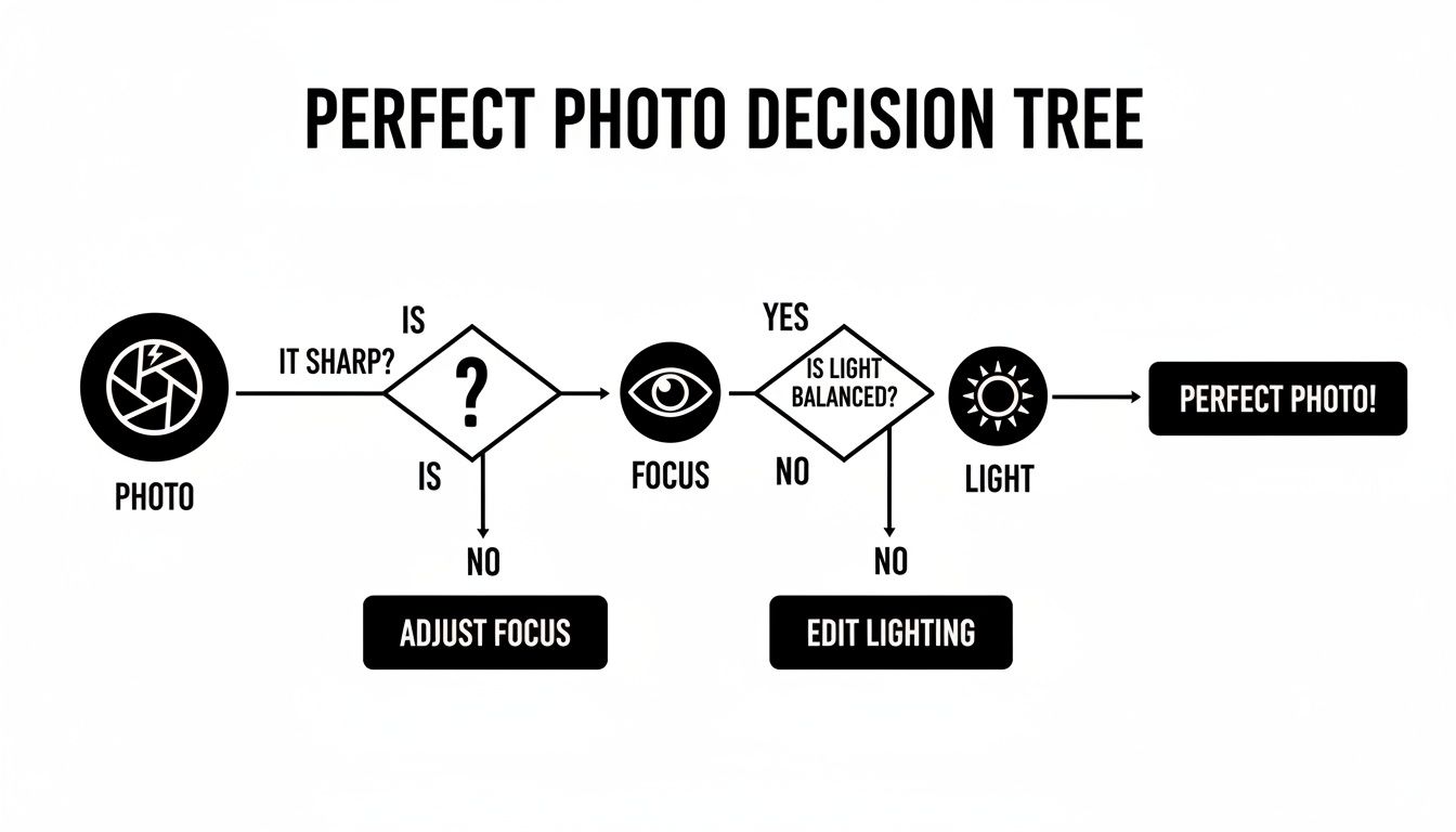 A flowchart titled 'Perfect Photo Decision Tree' guides users through sharpening, focusing, and balancing light.