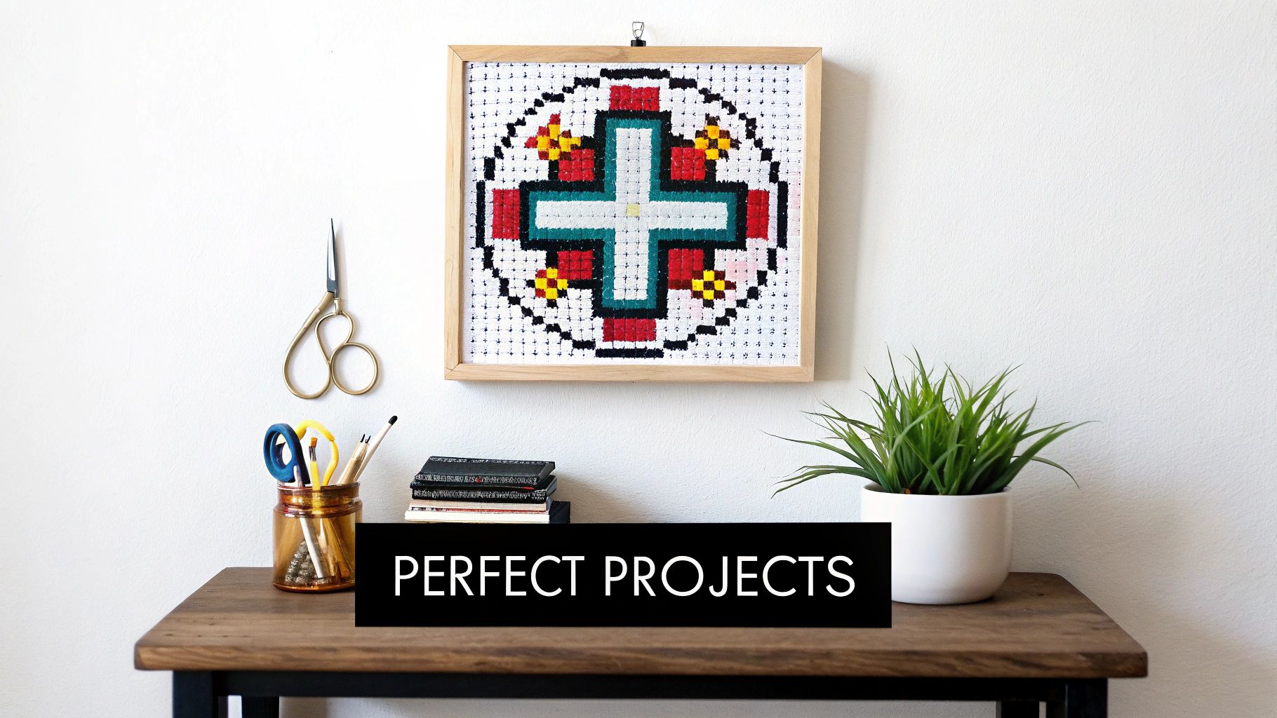 A creative desk setup with a framed cross-stitch art, plants, and craft supplies.