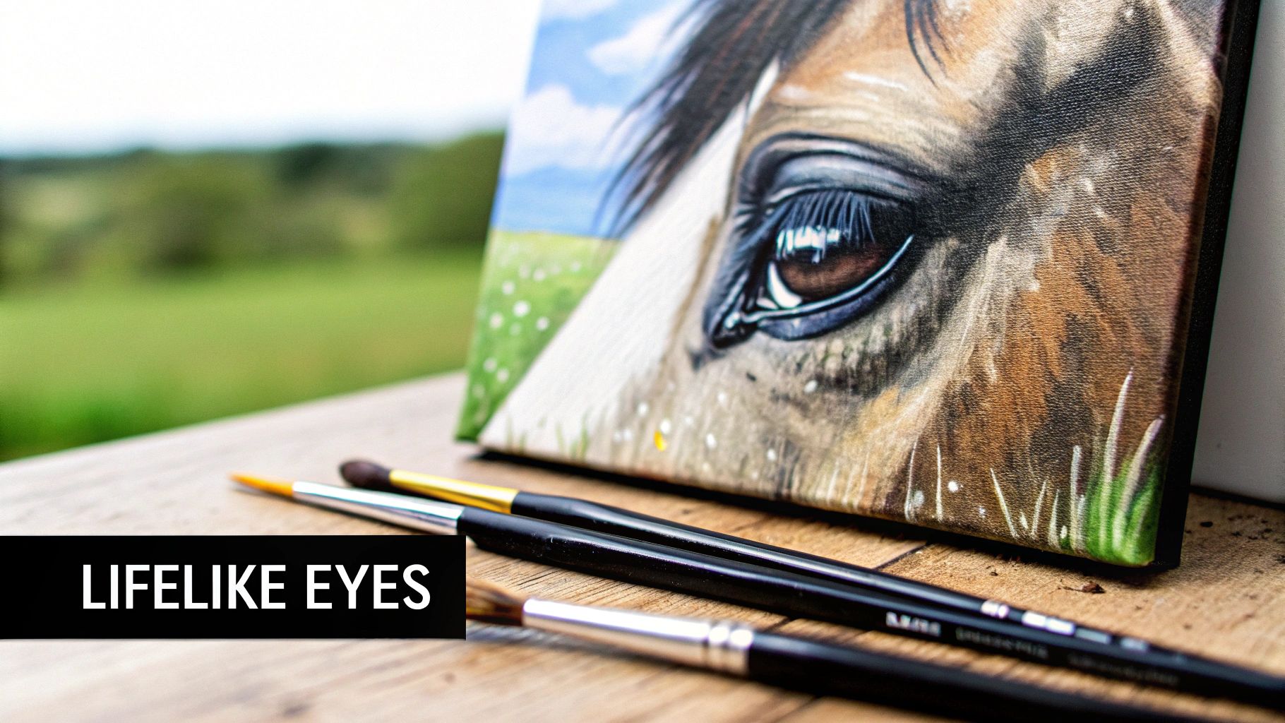 Detailed oil painting of horse eye with paint brushes and blurred pastoral background