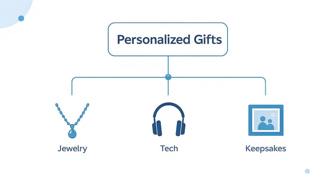 Mind map showing personalized gift categories: Jewelry, Tech, and Keepsakes, with respective icons.