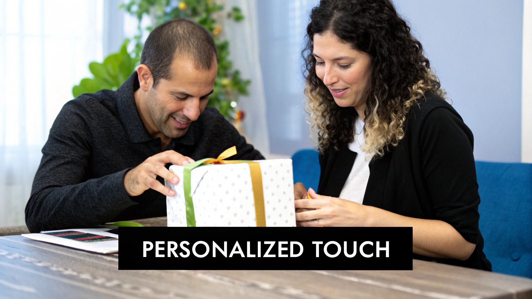 A couple lovingly working on a custom paint by numbers kit together, showing a shared creative experience.