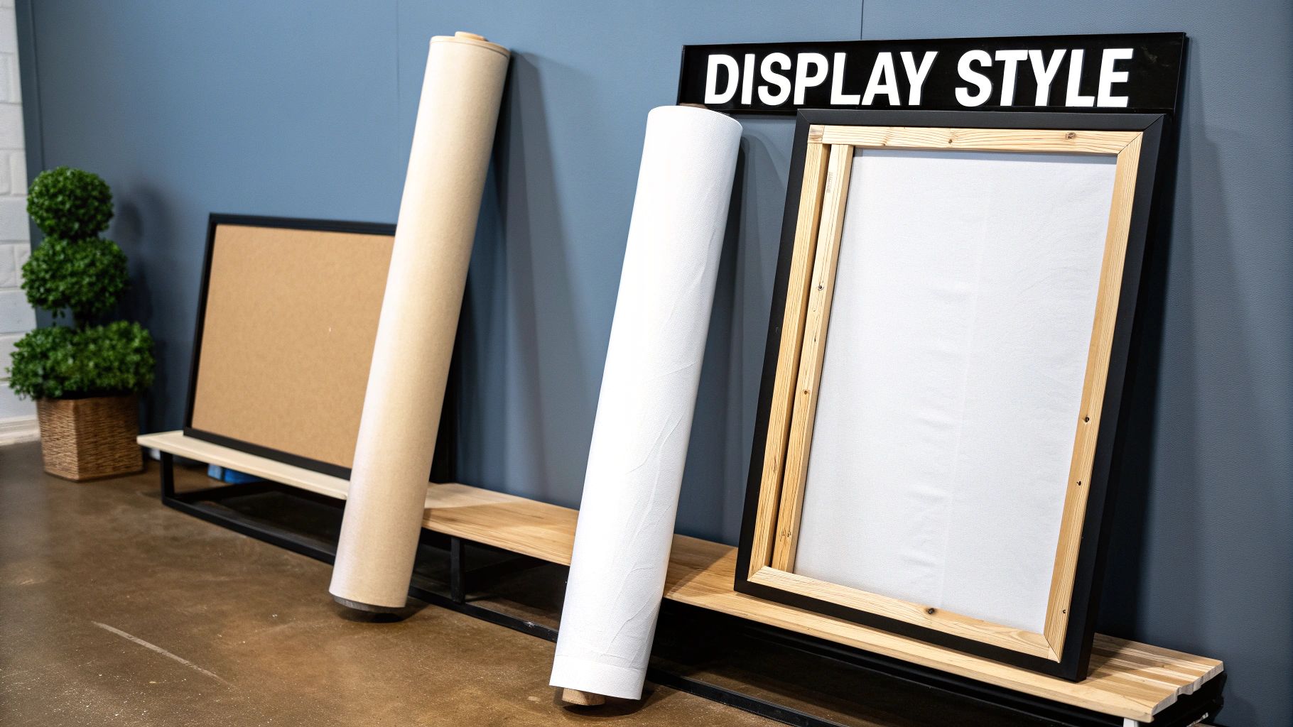 Various canvas rolls, framed art, and a 'DISPLAY STYLE' sign against a blue wall.