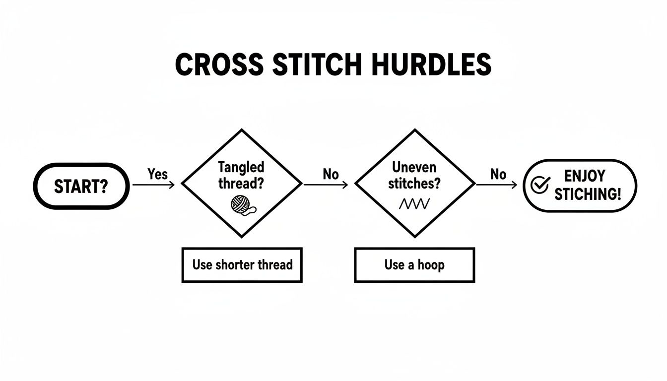 Flowchart detailing solutions for common cross stitch problems like tangled thread and uneven stitches.