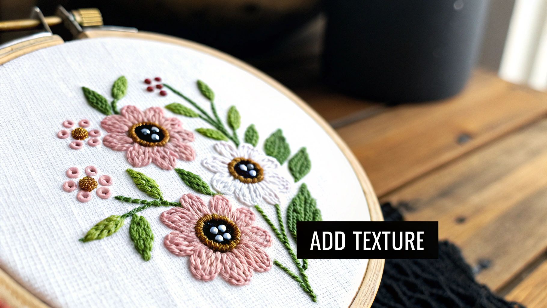 A close-up of a completed cross stitch project featuring numerous French knots for texture.