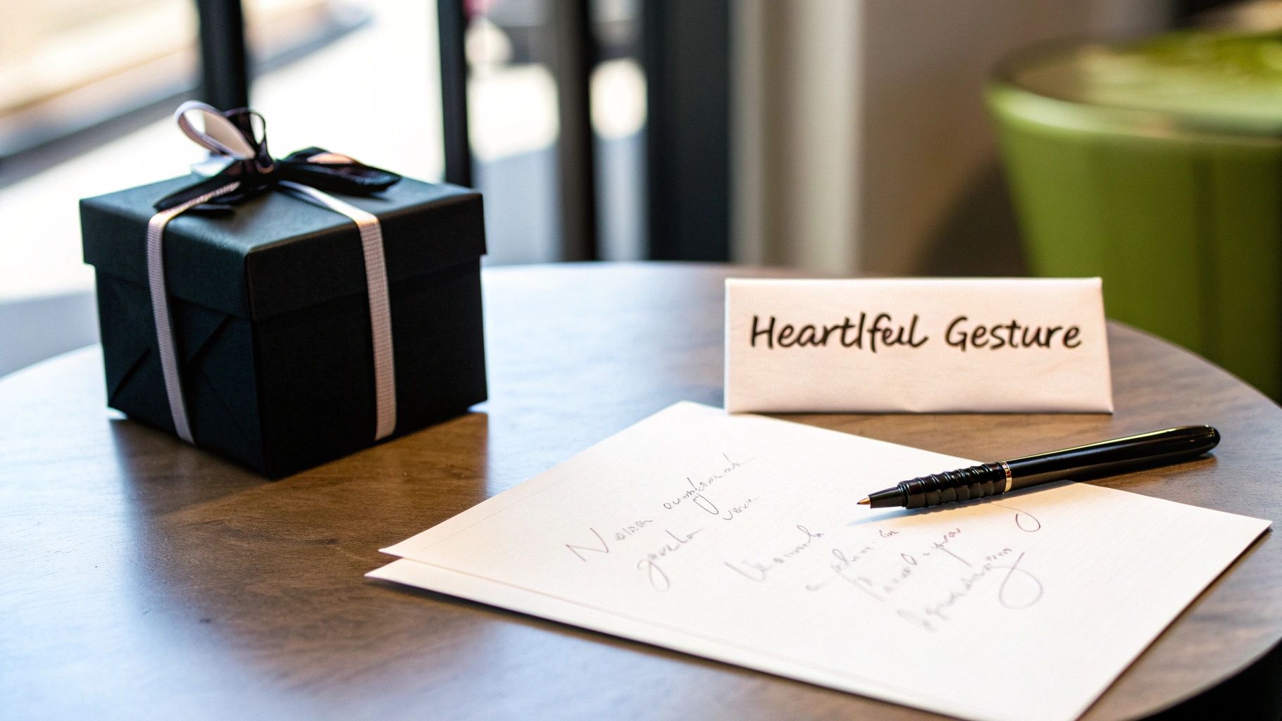 A happy couple smiling at each other, with the man holding a small gift box behind his back as a surprise.