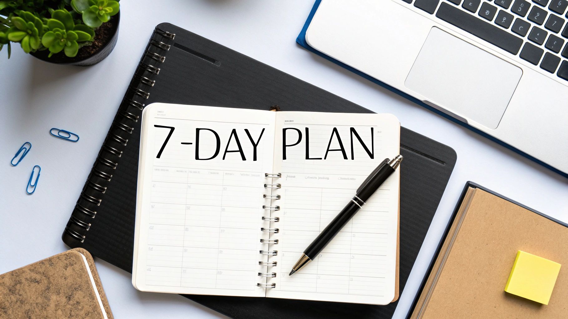 Flat lay of a desk with an open planner showing a '7-DAY PLAN', a laptop, and office supplies.