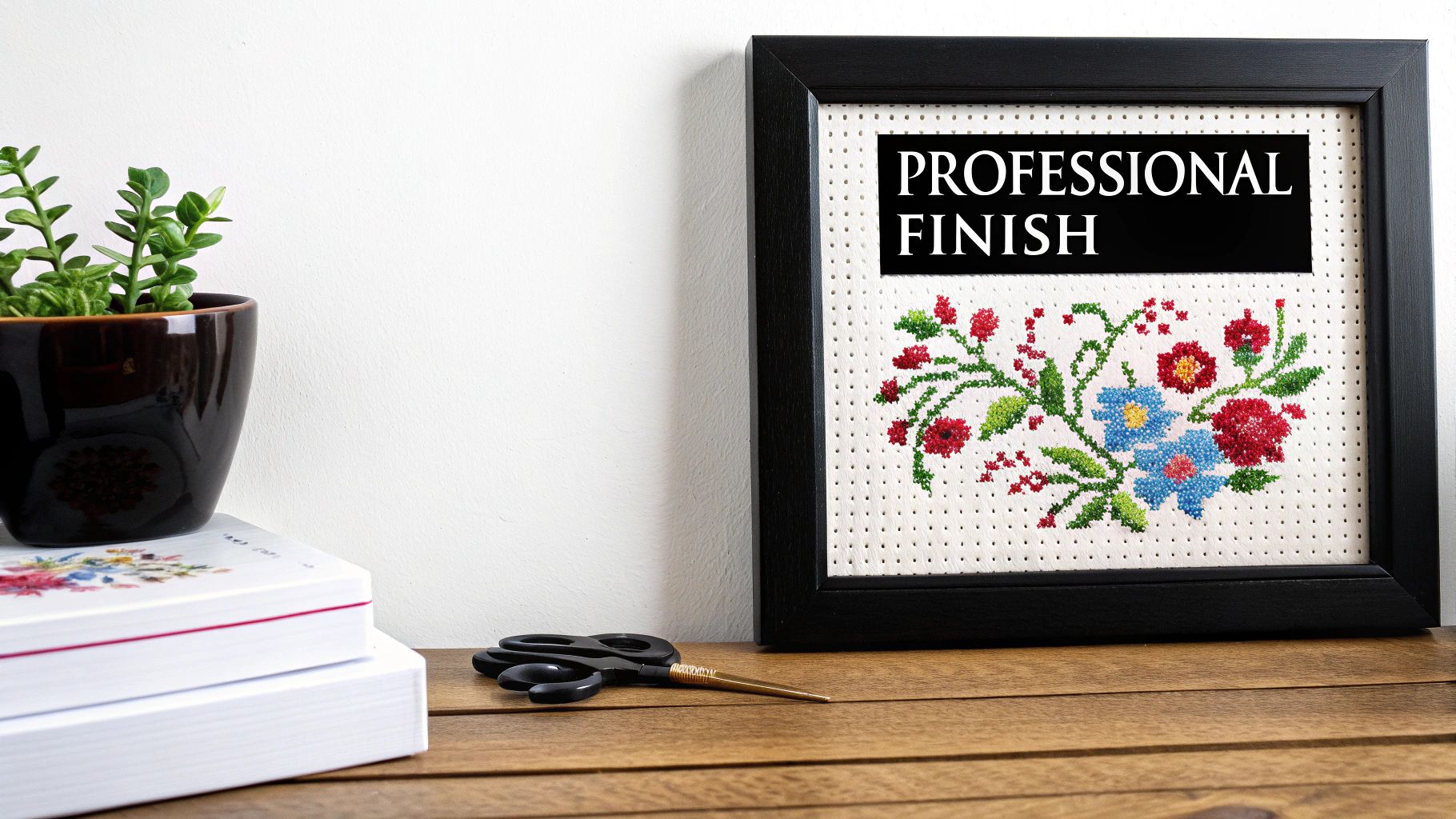 A framed cross-stitch piece with text 'PROFESSIONAL FINISH' and colorful floral embroidery, alongside craft supplies.