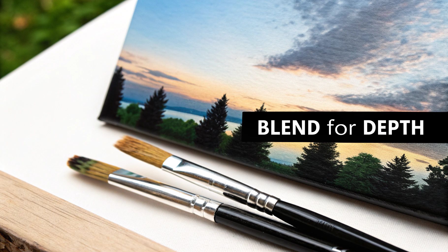 A canvas painting showing a sunset over a lake with pine trees, with two paintbrushes and text 'BLEND for DEPTH'.