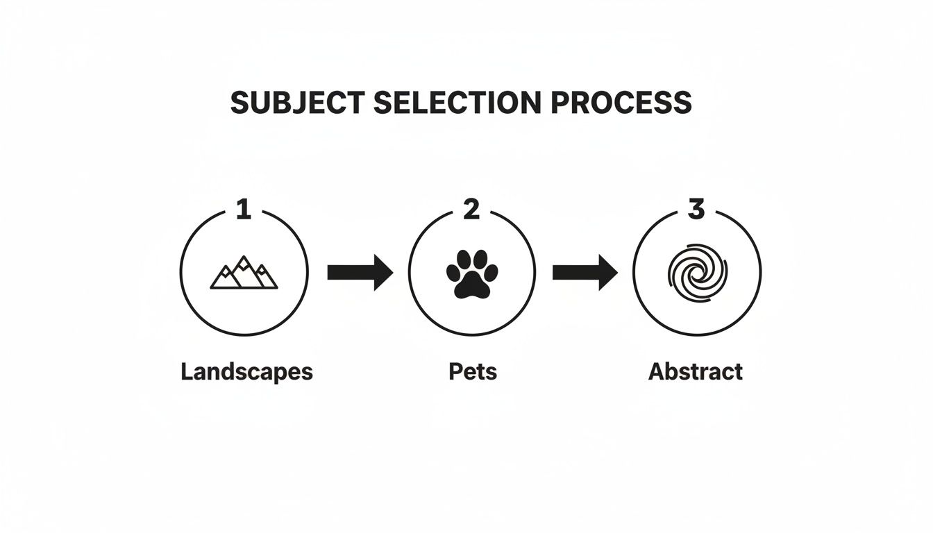 A visual process diagram showing subject selection steps for landscapes, pets, and abstract art.