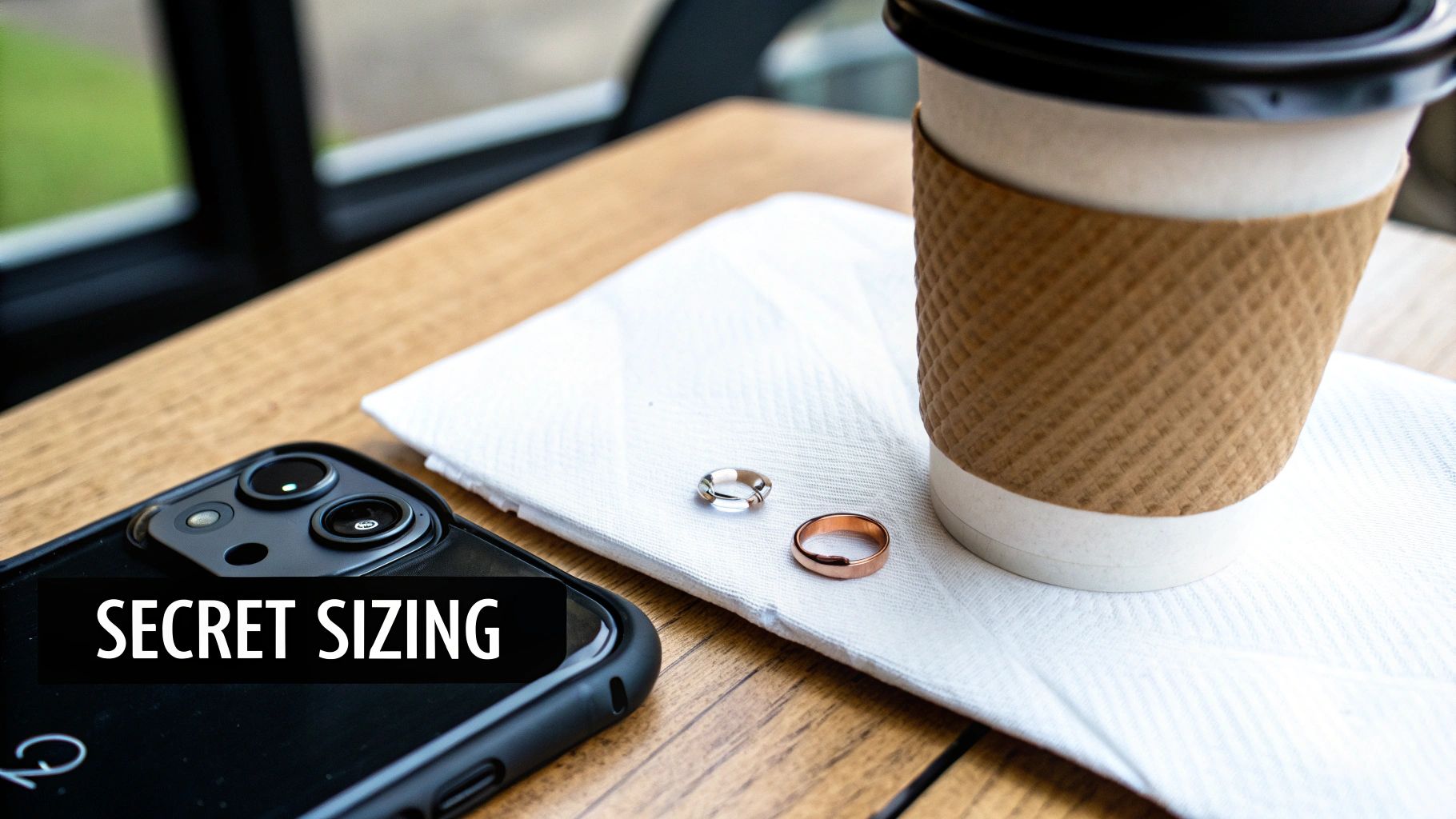 Two rings, a smartphone, and a coffee cup on a wooden table with 'SECRET SIZING' text.