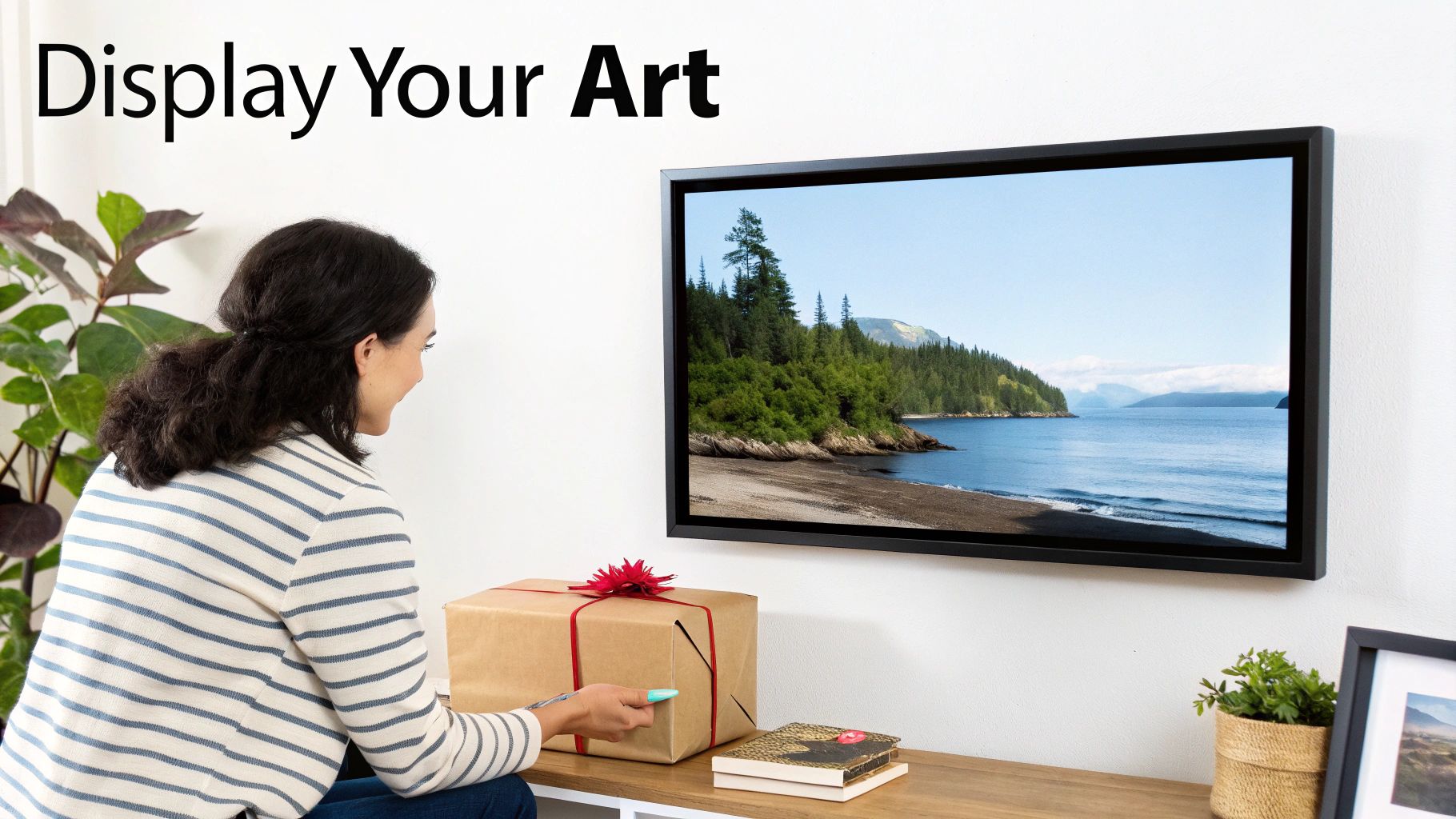 A finished paint-by-numbers artwork of a vibrant landscape framed and hanging on a modern, stylish wall.