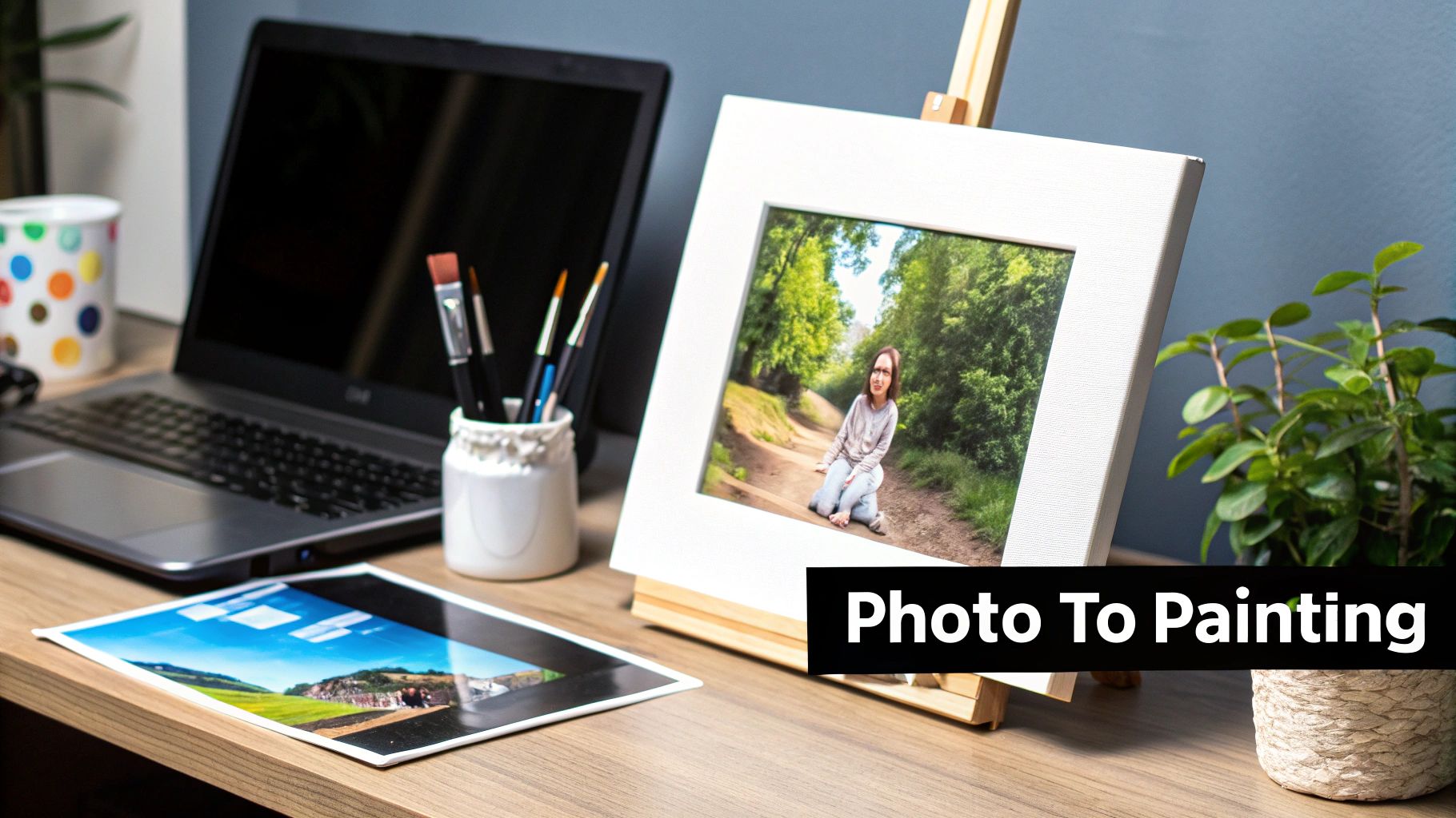 A creative desk setup featuring a laptop, painting brushes, a printed photo, and a framed photo-to-painting artwork on an easel.