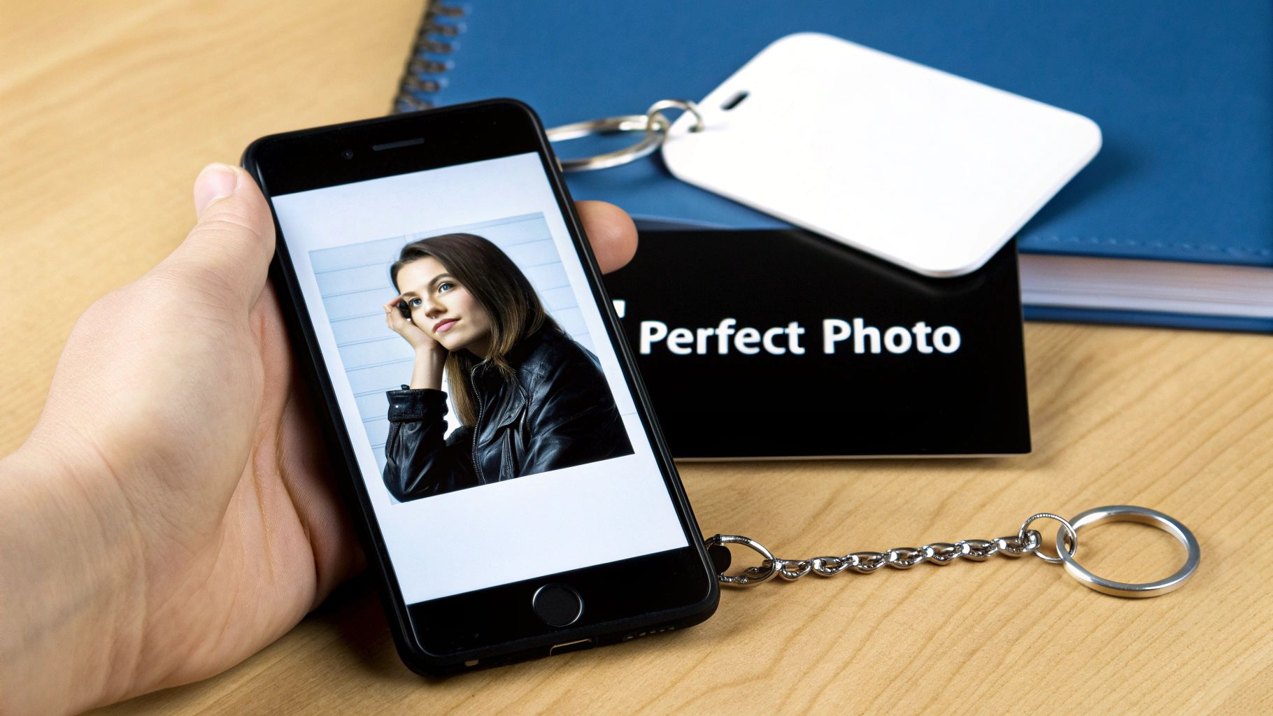 Hand holding smartphone displaying woman's photo, near blank keychain and 'Perfect Photo' stand.