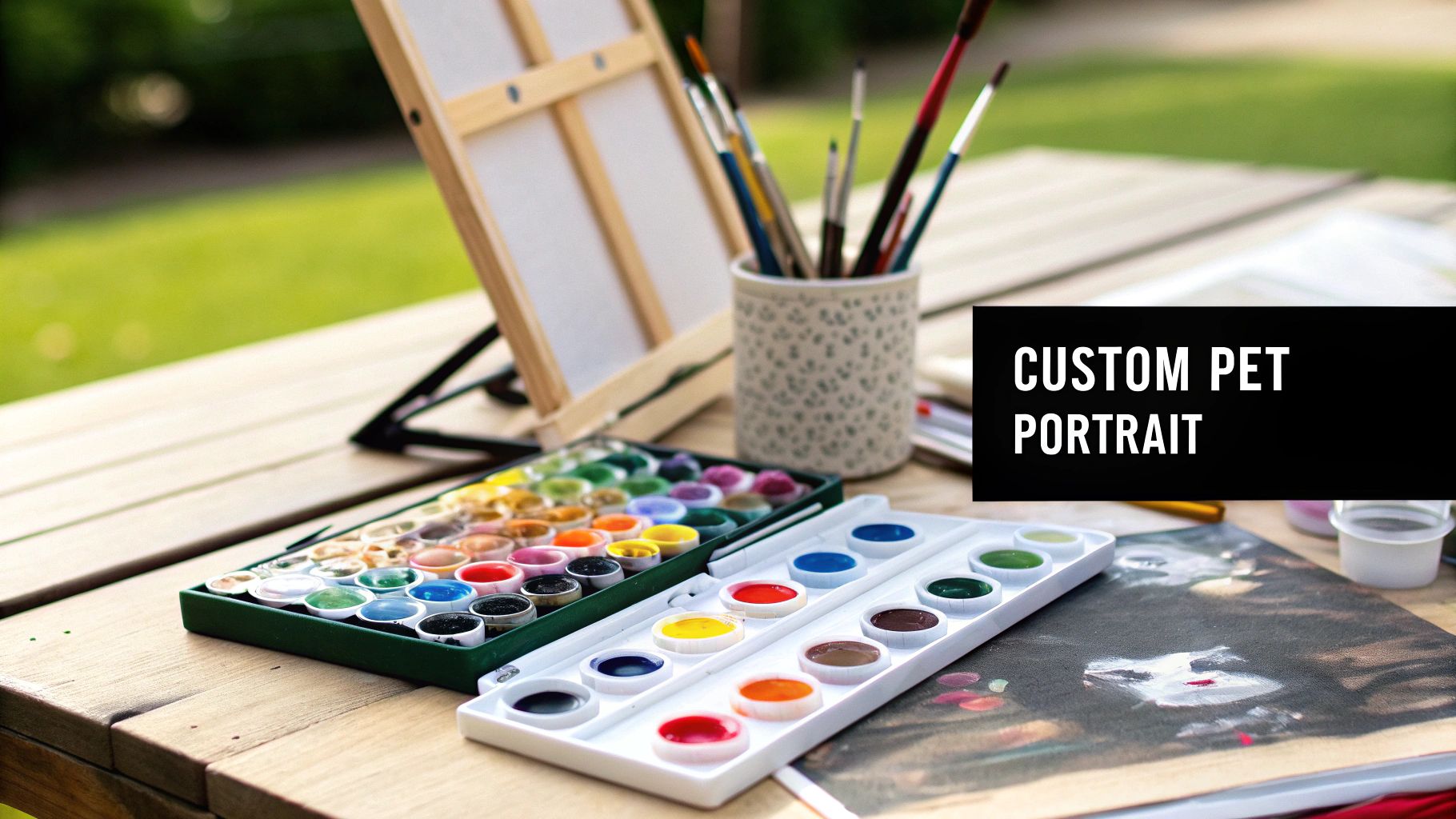 A person painting a colorful portrait of a German Shepherd on a paint-by-numbers canvas.