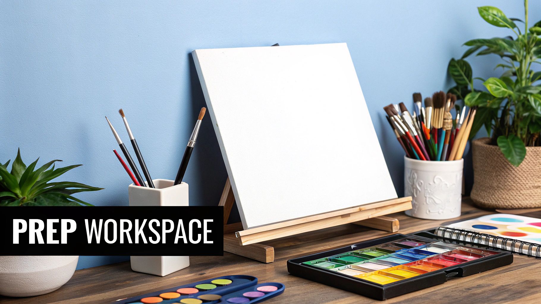 A well-organized painting station with a custom paint-by-number canvas.