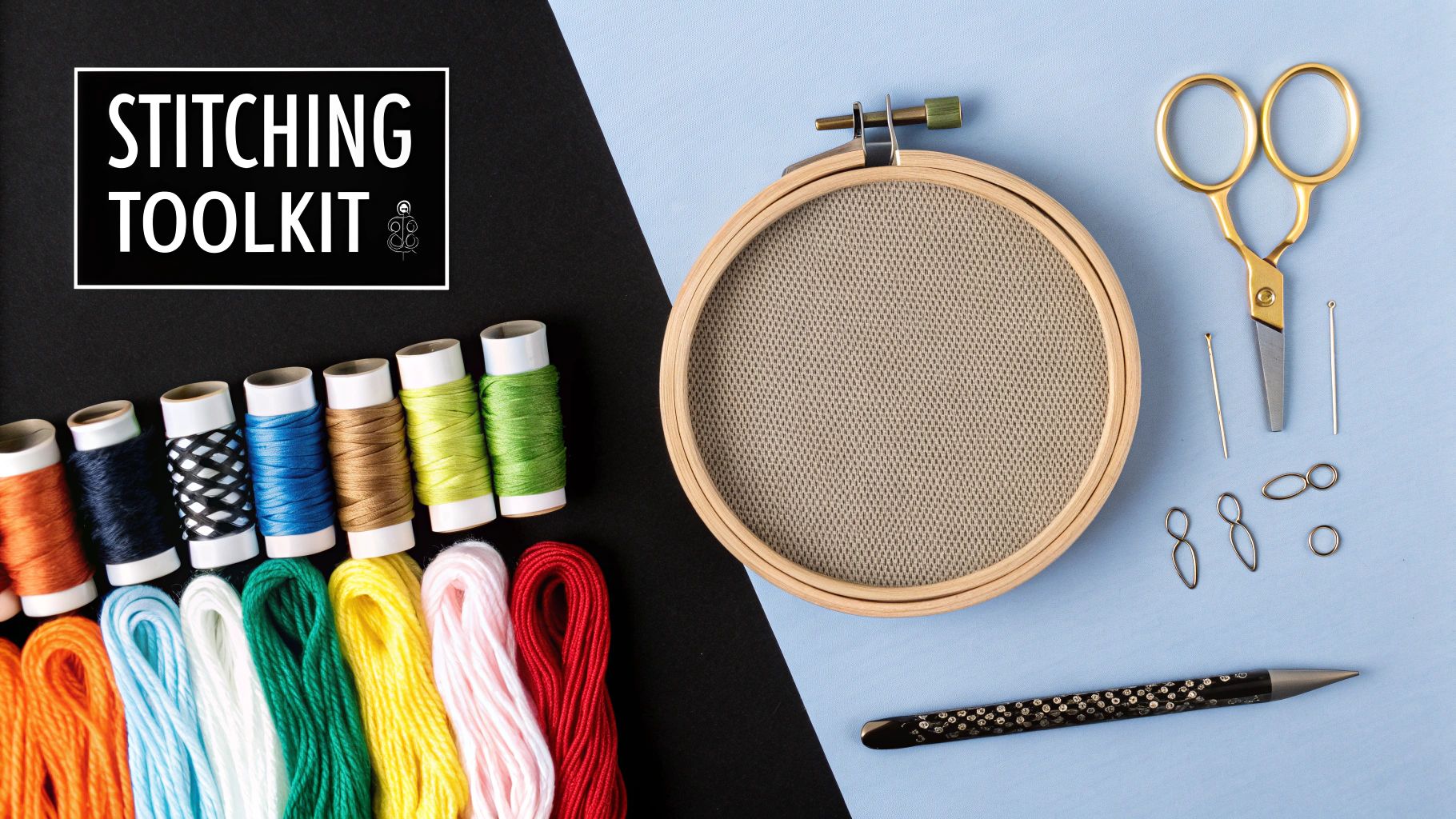 A collection of cross-stitch supplies including Aida fabric, colorful DMC floss, needles, and a wooden hoop