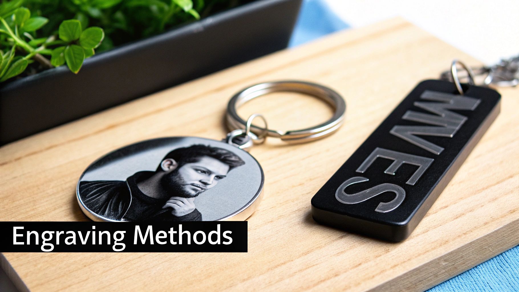 Close-up of two personalized keychains on wood, one photo-engraved, the other text-engraved.