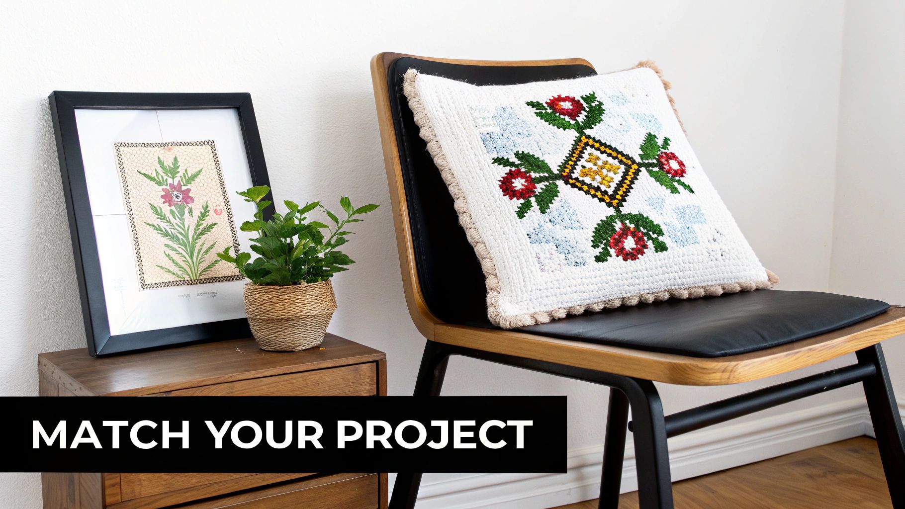 A framed needlepoint floral art piece on a table beside a chair with a colorful cross-stitch cushion.