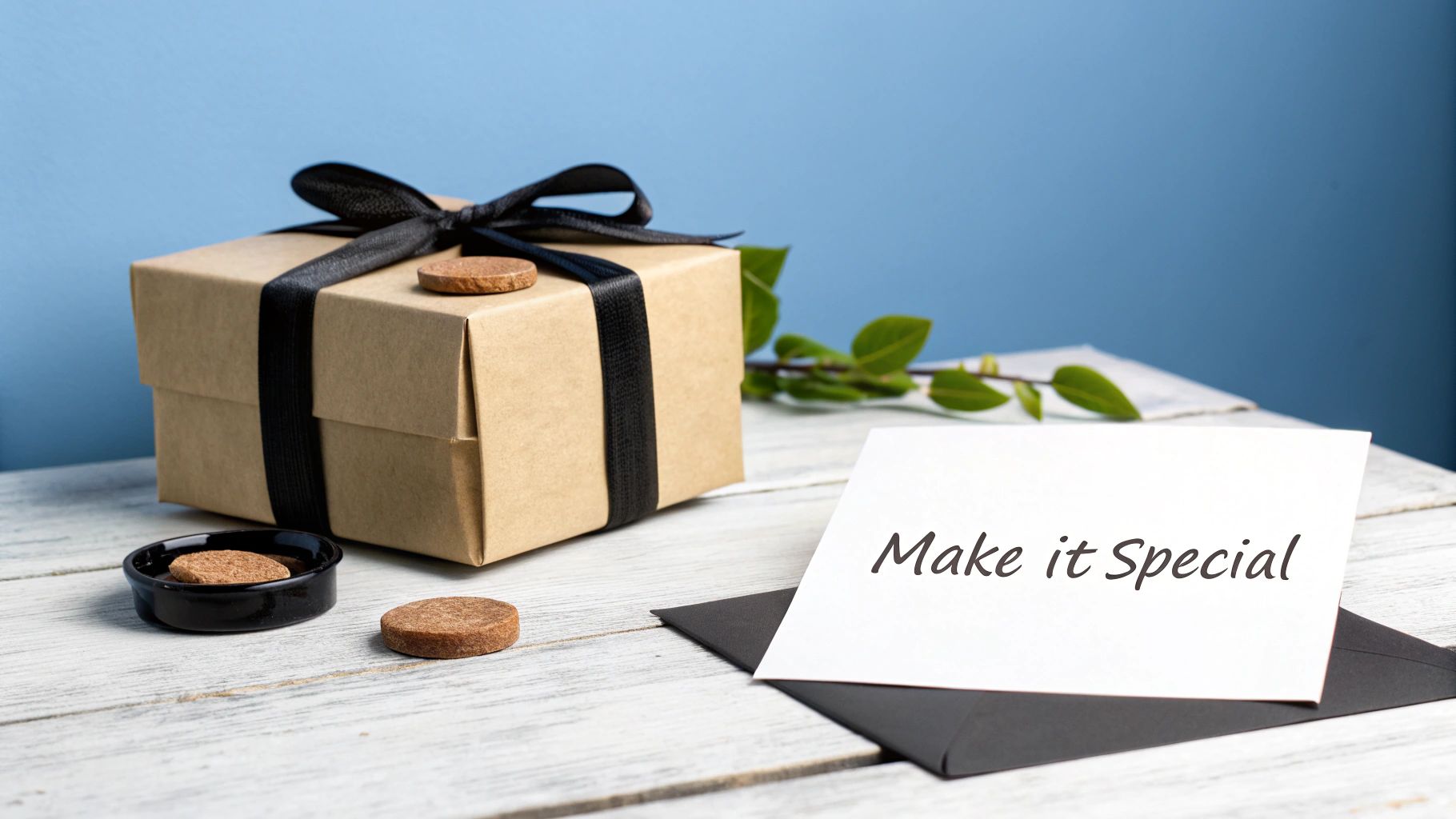 A rustic gift box with black ribbon, 'Make it Special' card, and brown cookies on a wooden table.