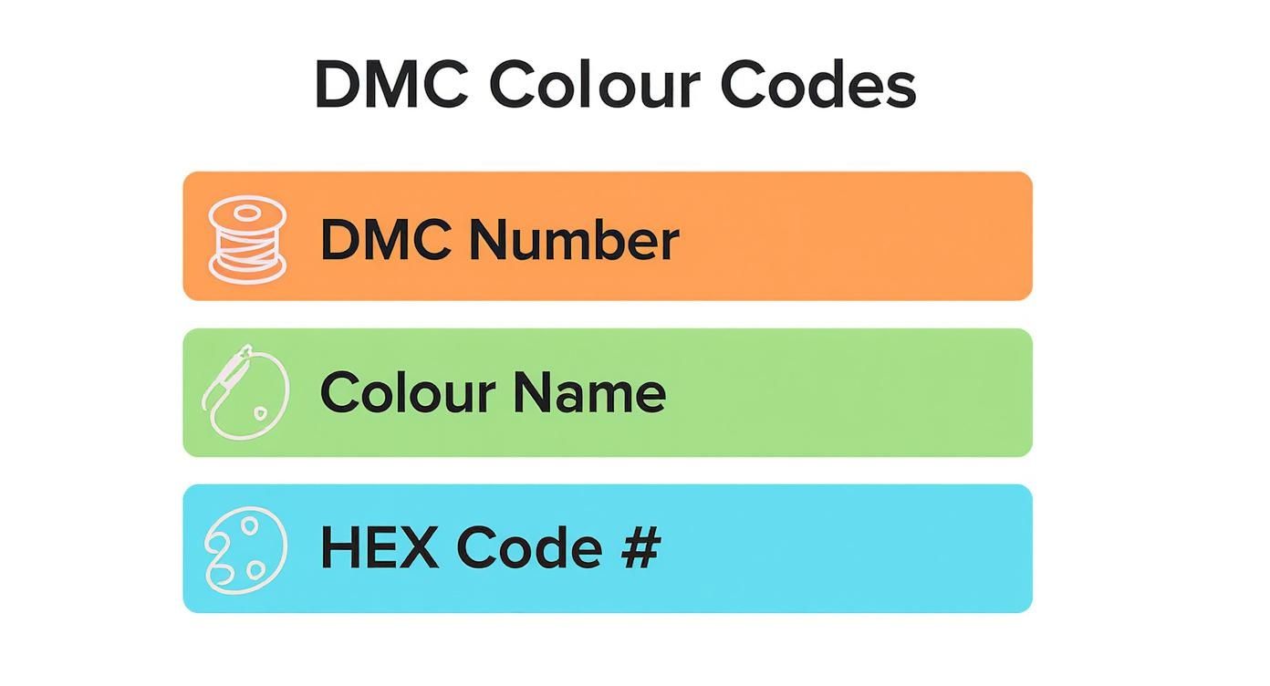 Image showing a legend for DMC thread colour codes including number, name, and HEX value.