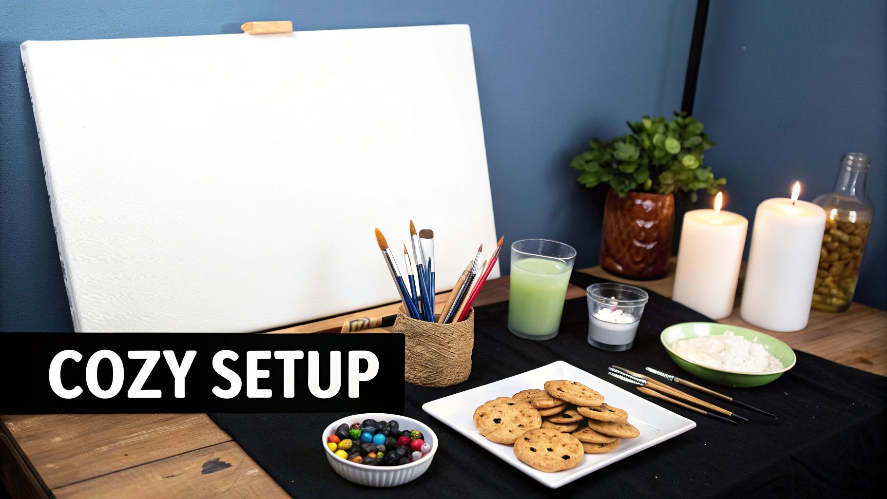 A romantic and cozy setup for a paint by number date night, with snacks, drinks, and painting supplies laid out.
