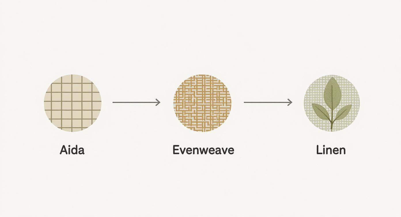 Infographic showing a concept map of cross stitch fabrics Aida, Evenweave, and Linen with simple icons.