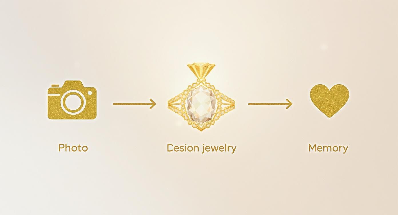 Golden icons illustrate the process of turning a photo into custom jewelry and a lasting memory.