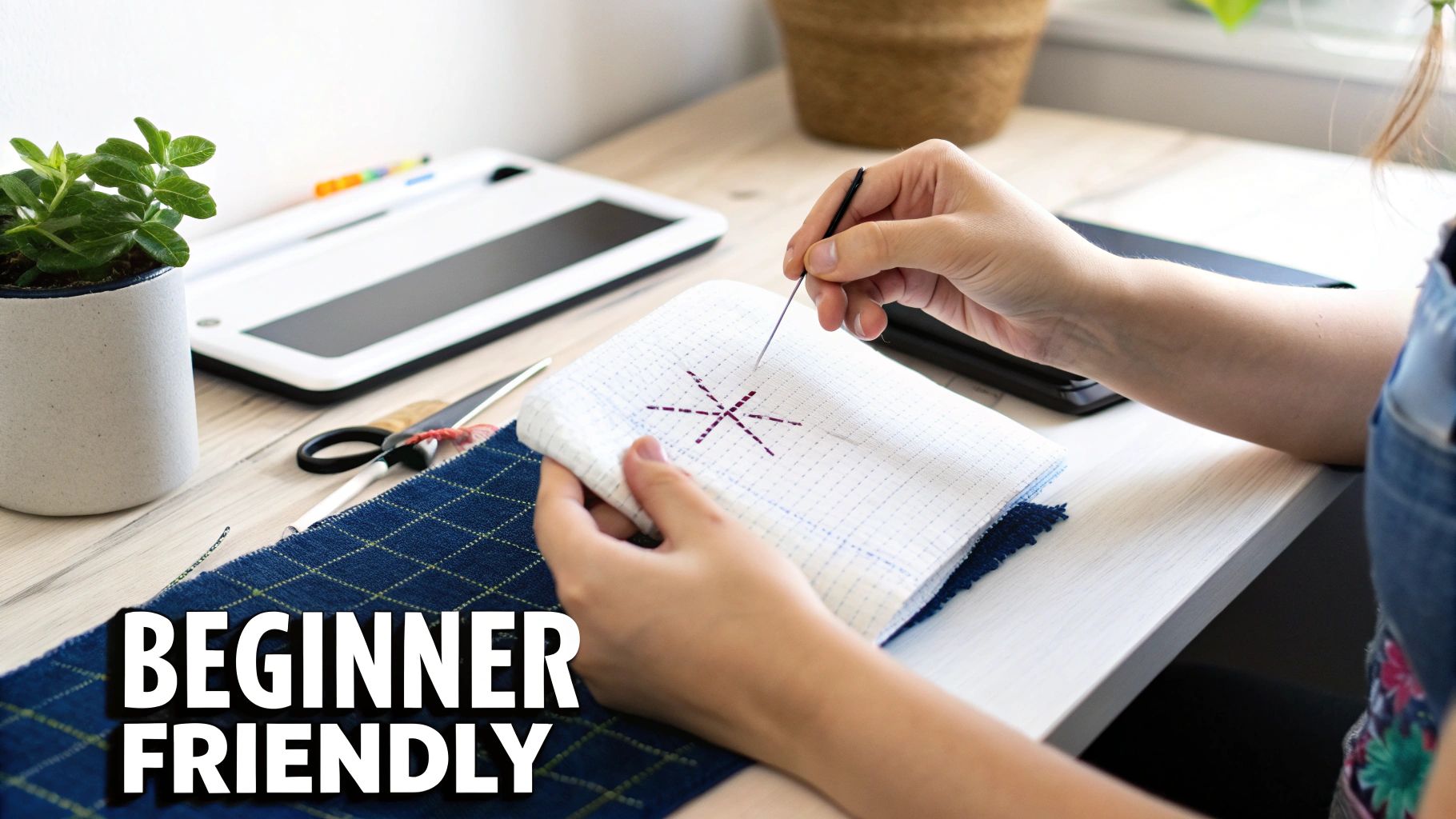 A person's hands embroidering a star pattern on white fabric with a needle, surrounded by crafting tools, emphasizing 'BEGINNER FRIENDLY'.