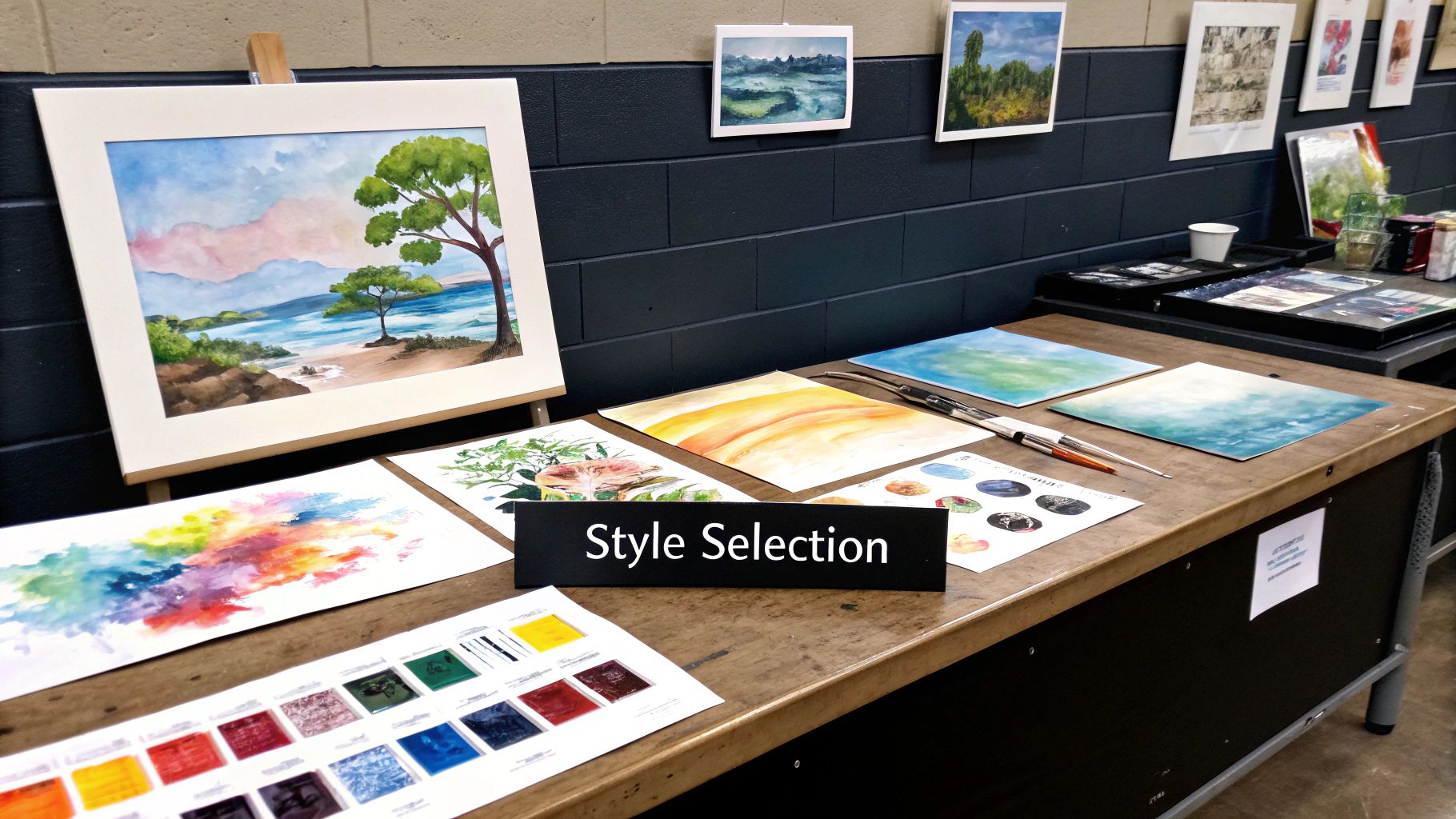 An organized painting workspace with a canvas, paints, and brushes