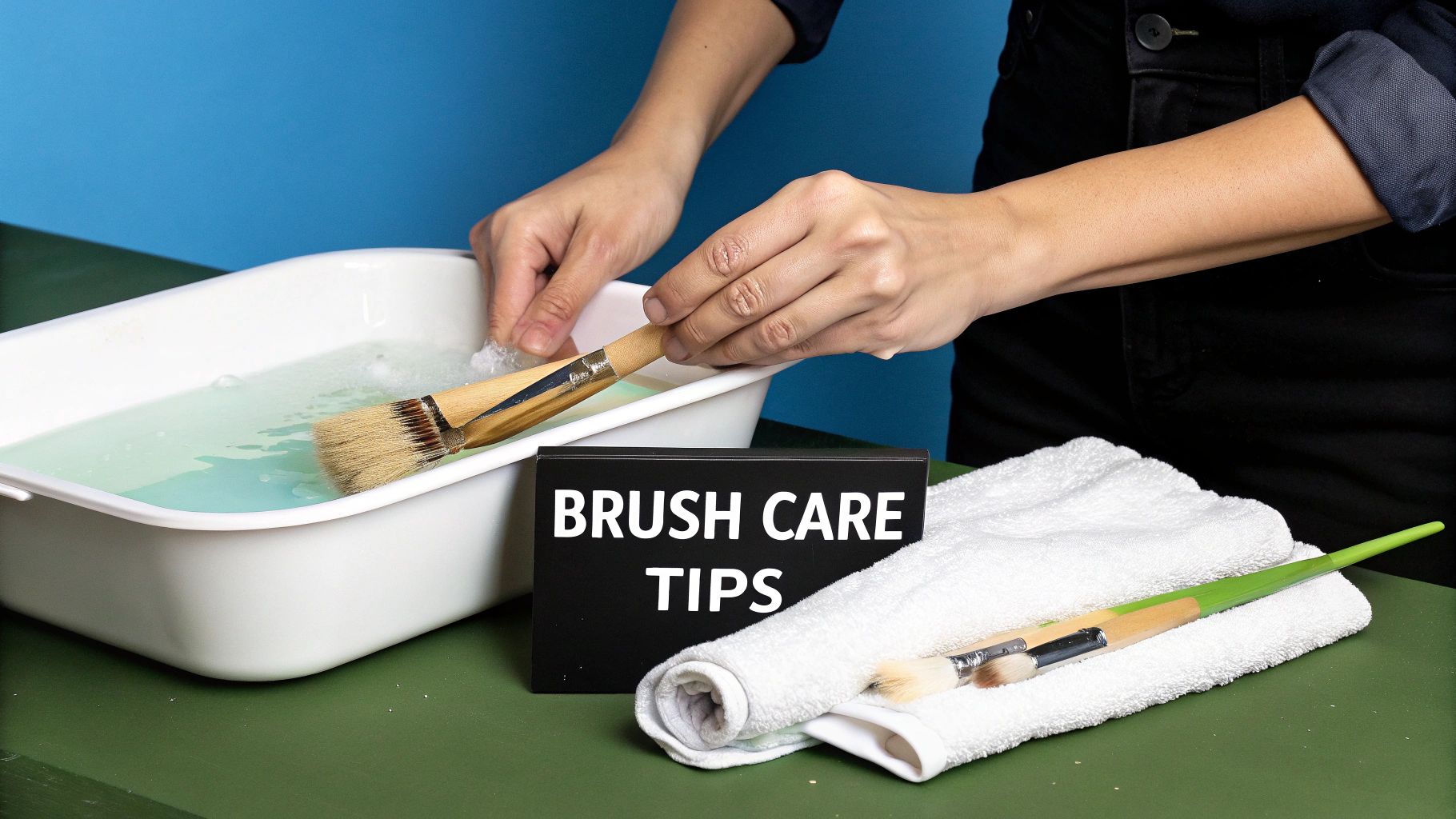 Close-up of a person cleaning paint brushes in a sink with soap and water