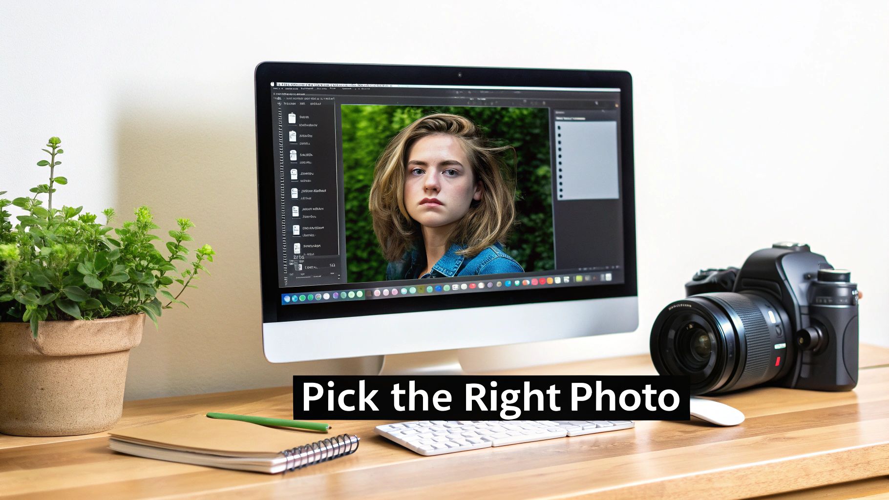 A desk setup with a computer showing photo editing software, a camera, and a potted plant.