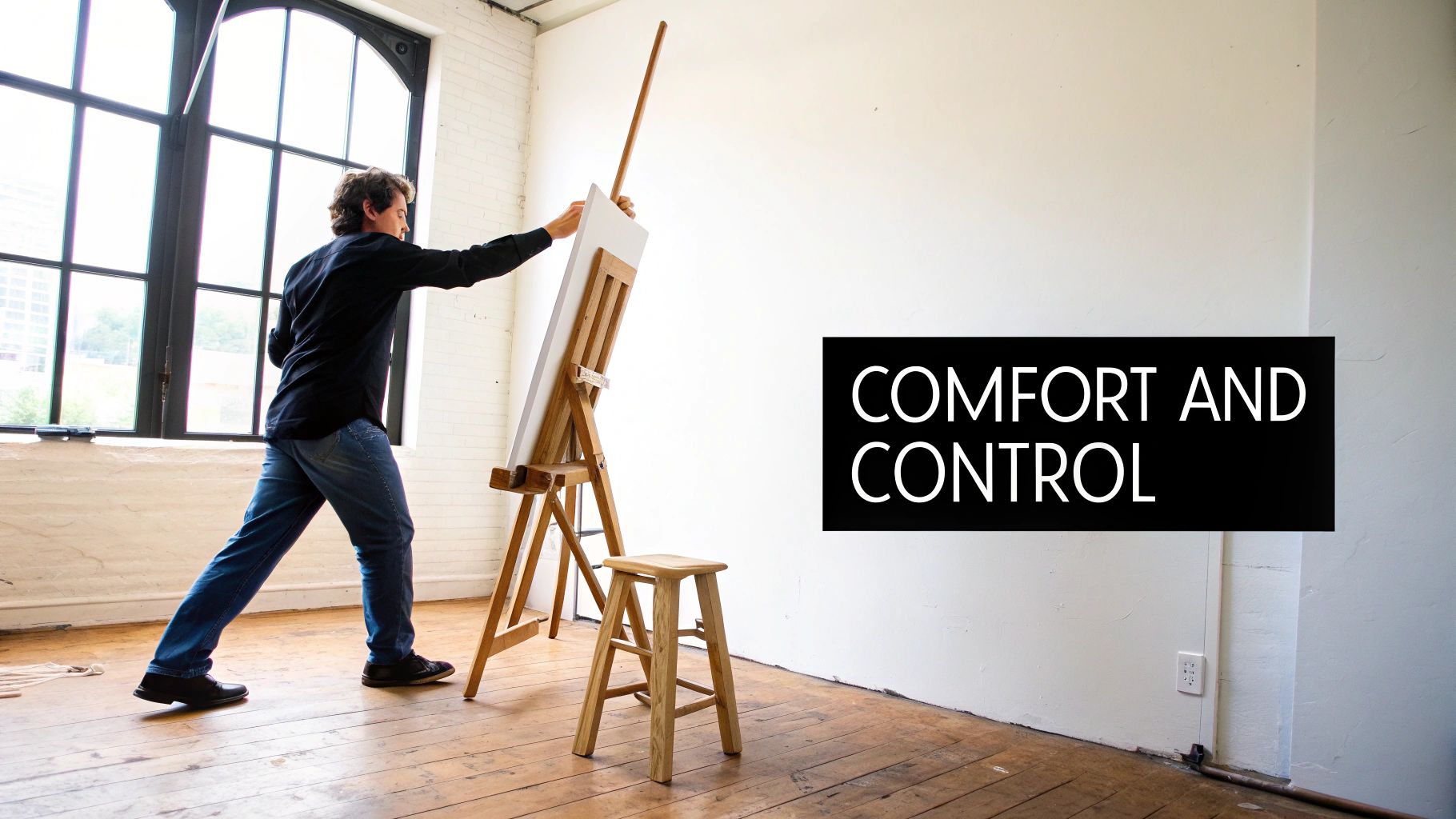 A man in a black shirt and jeans actively paints on a large canvas on an easel in a bright studio.