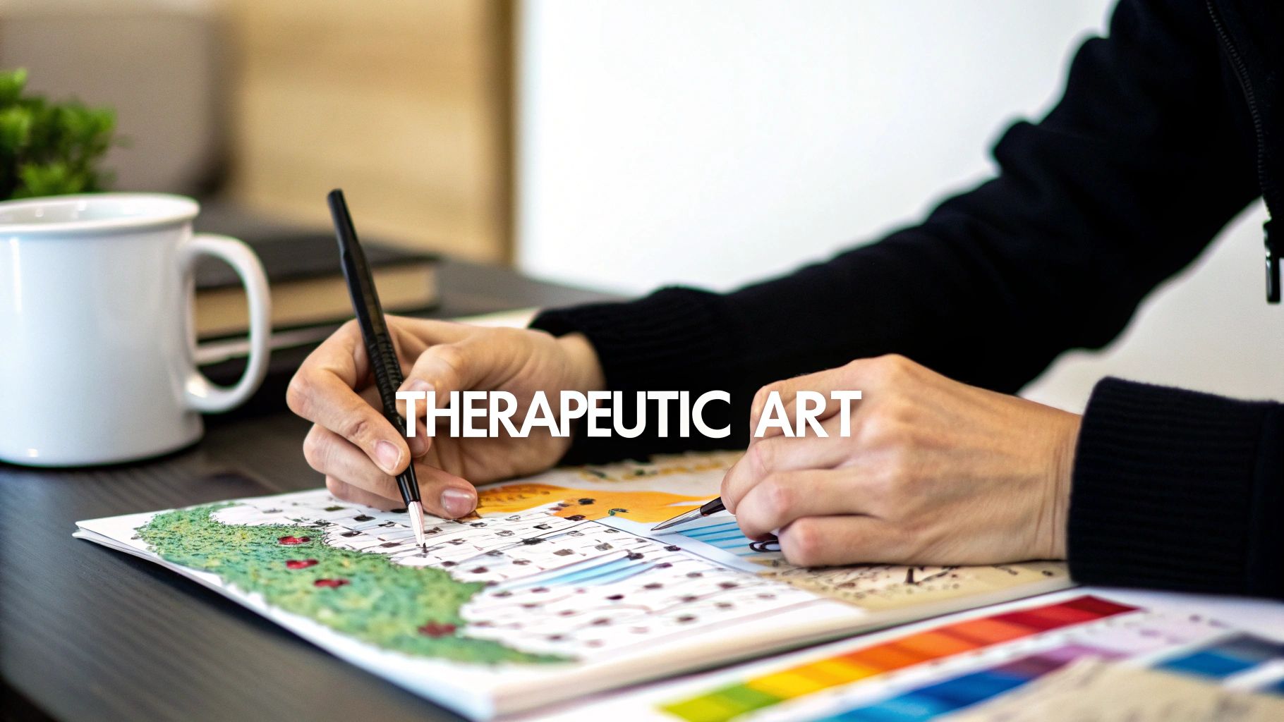 Person's hands coloring a detailed art design on paper with a pen, next to a mug and color palette.