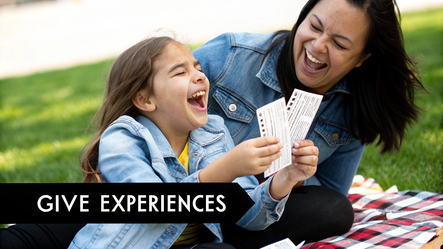 A mother and daughter laughing together during an outdoor activity.