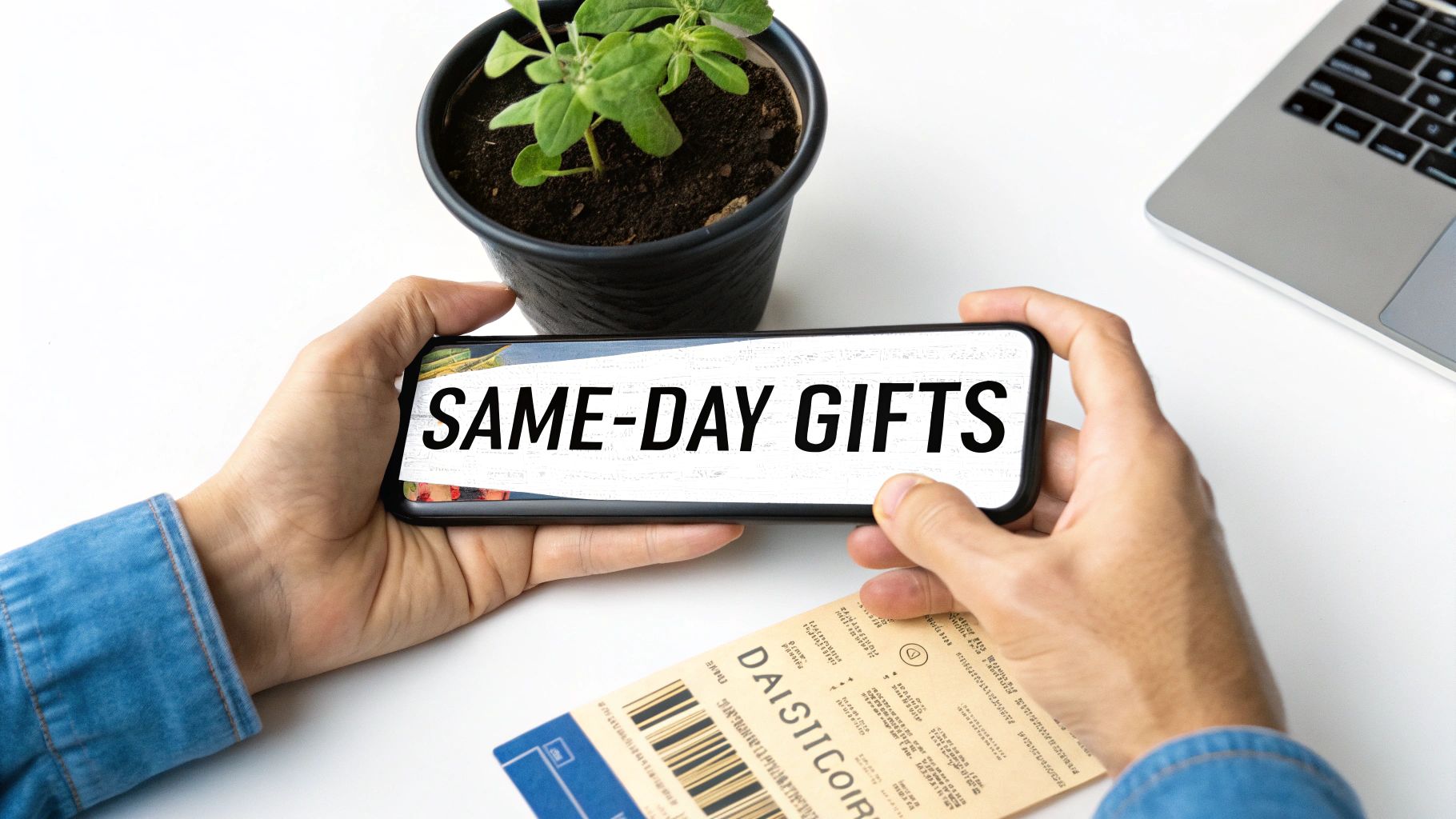A person holds a smartphone displaying 'SAME-DAY GIFTS' with a plant and laptop on a white desk.