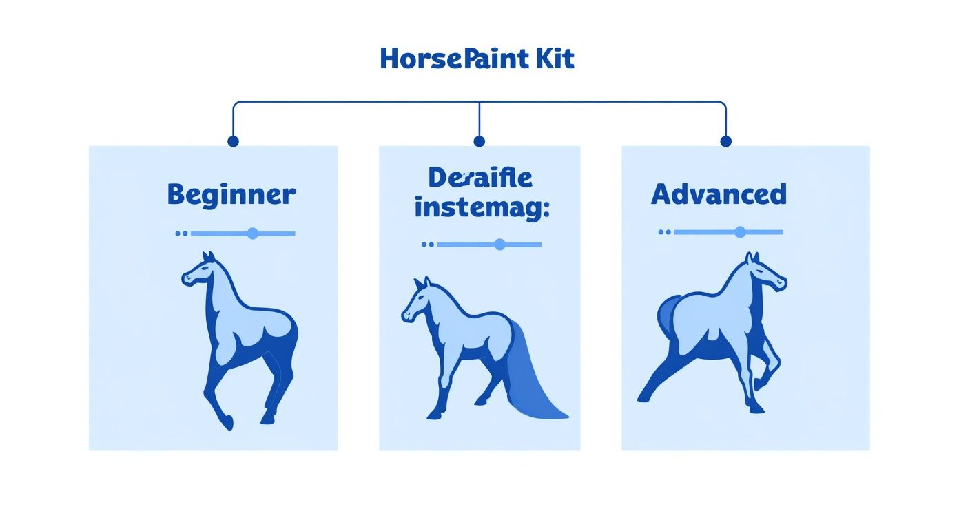 Three skill levels of horse paint by numbers kit from beginner to advanced difficulty