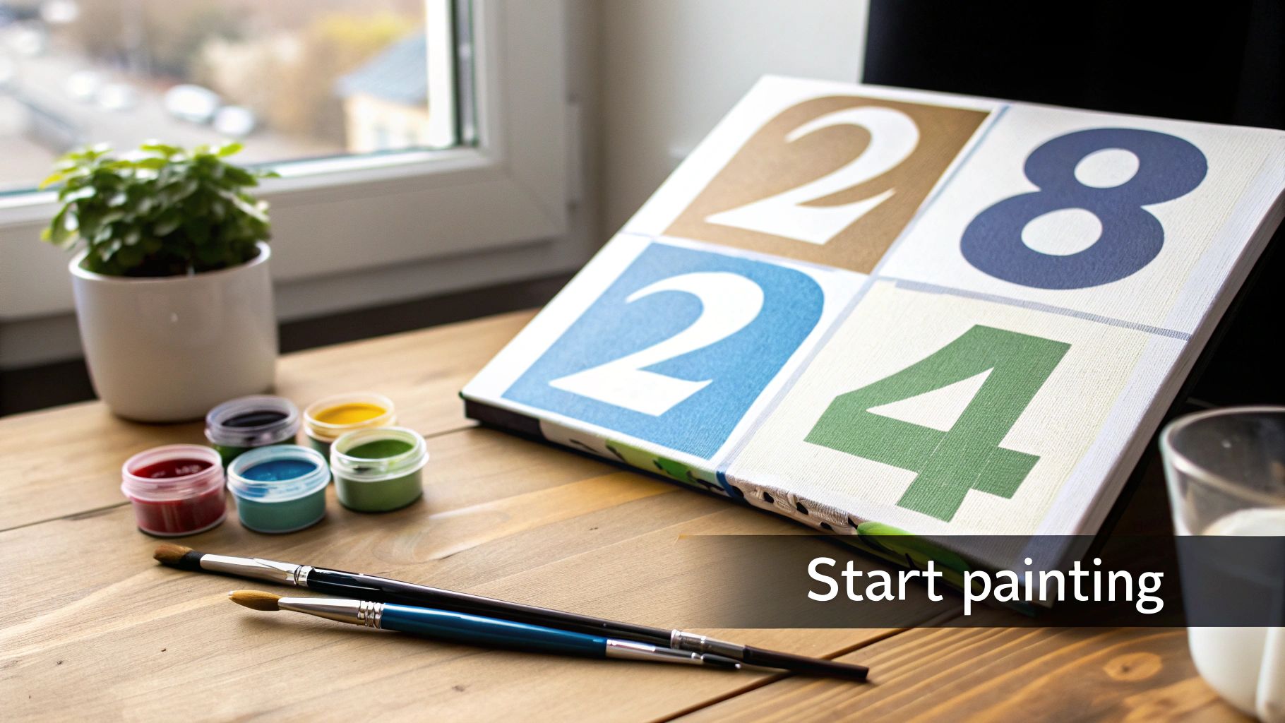 A woman smiling and holding up her completed paint by numbers canvas of a colorful flower arrangement.